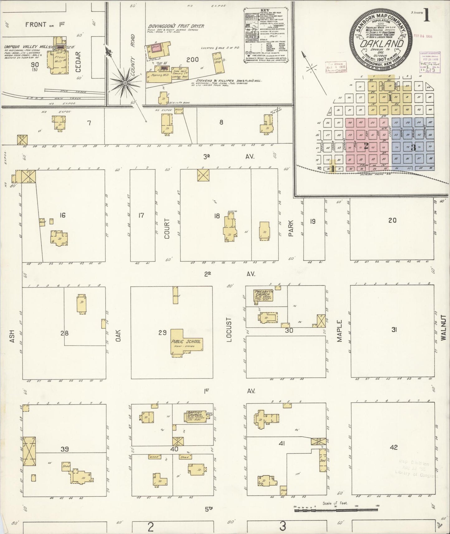 Sanborn Fire Insurance Map from Oakland, Douglas County, Oregon (1907), Sheet #0001 - Historic Sanborn Fire Insurance Map Print, vintage old map wall art, antique decor, genealogy gift, Oregon Oregon map