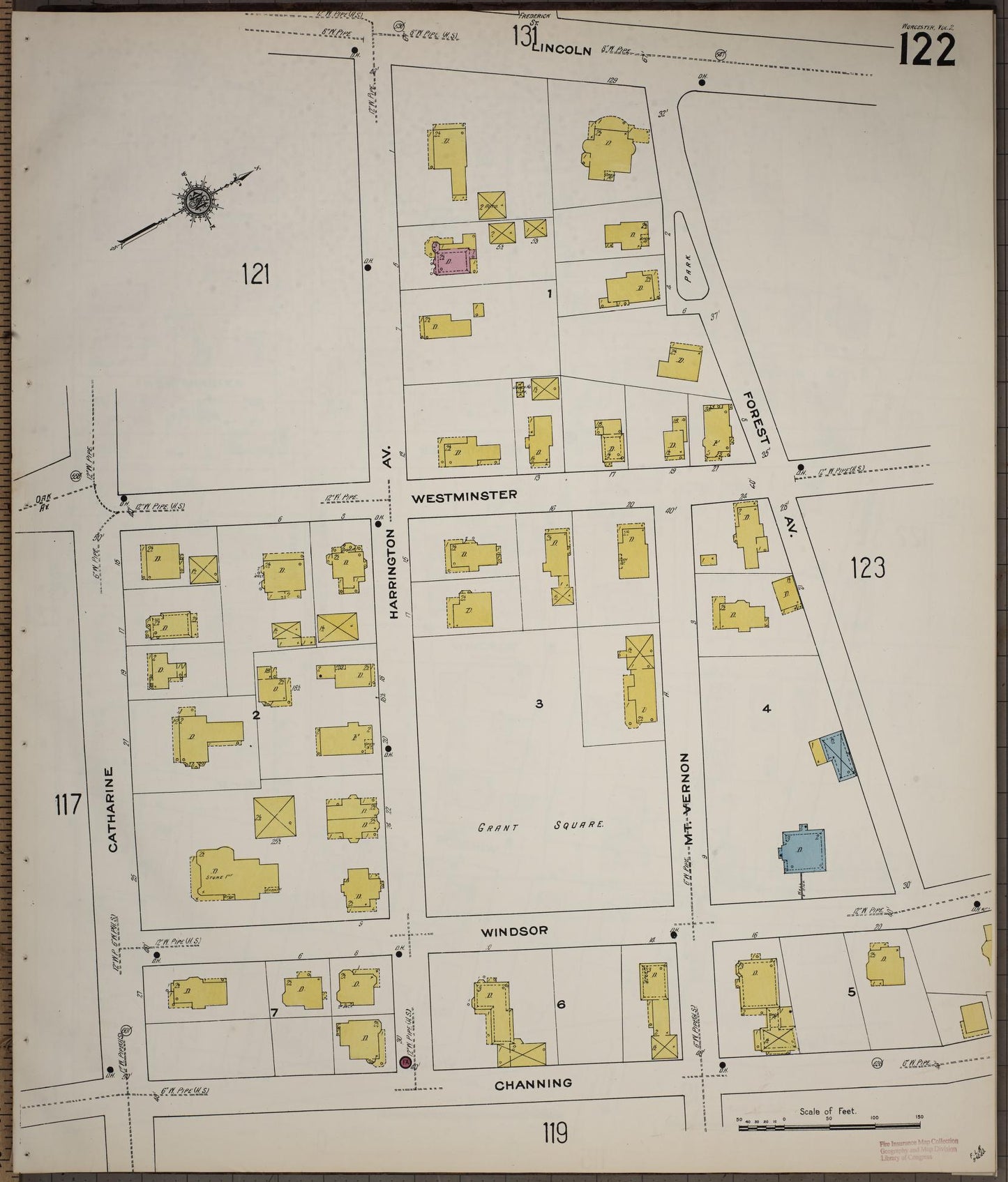 Sanborn Fire Insurance Map from Worcester, Worcester County, Massachusetts (1910), Sheet #0122 - Historic Sanborn Fire Insurance Map Print, vintage old map wall art, antique decor, genealogy gift, Massachusetts Massachusetts map