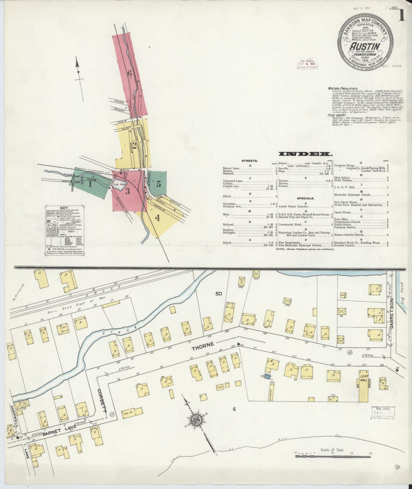 Sanborn Fire Insurance Map from Austin, Potter County, Pennsylvania (1911), Sheet #0001 - Historic Sanborn Fire Insurance Map Print, vintage old map wall art, antique decor, genealogy gift, Pennsylvania Pennsylvania map