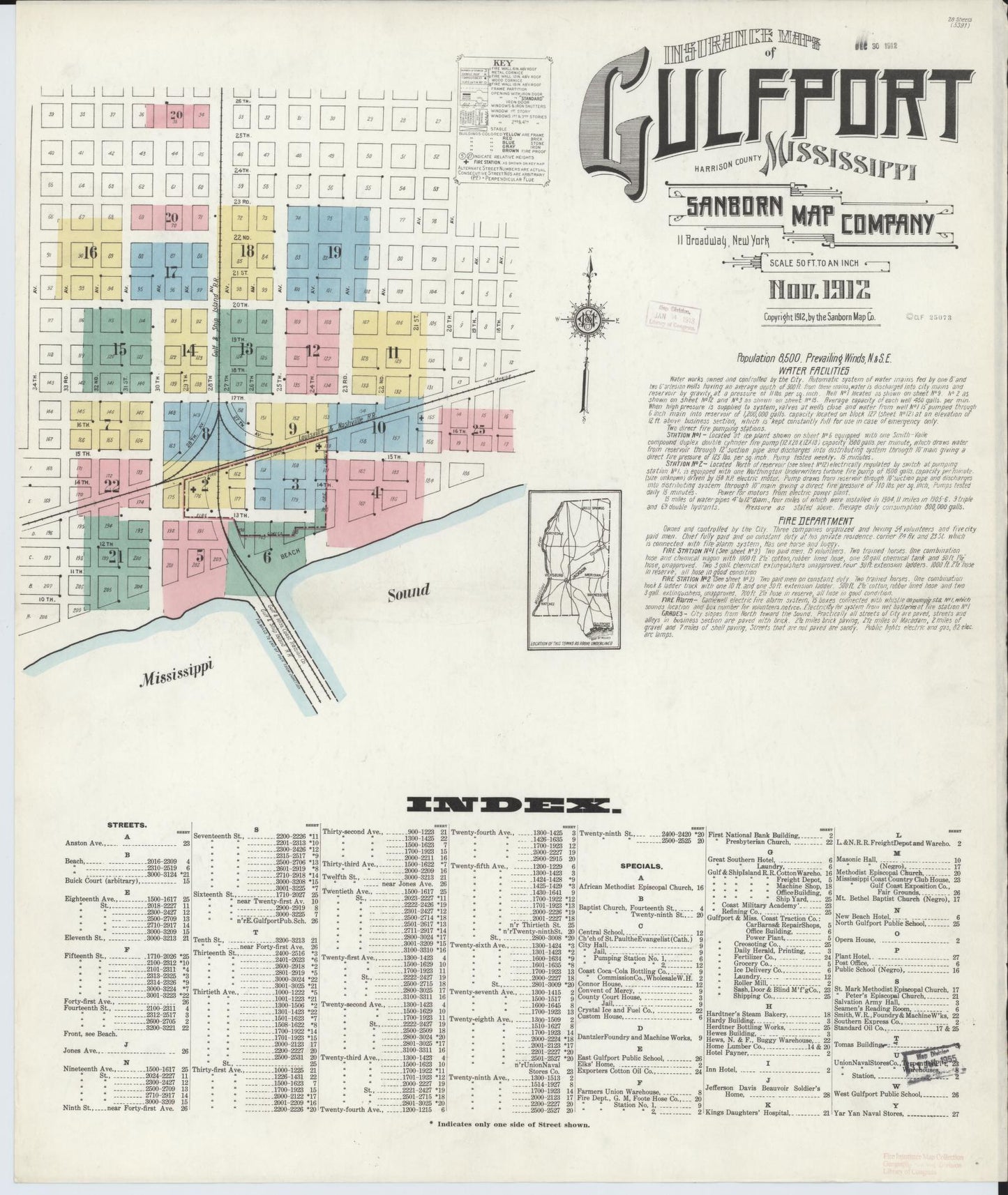 Sanborn Fire Insurance Map from Gulfport, Harrison County, Mississippi (1912), Sheet #0001 - Historic Sanborn Fire Insurance Map Print, vintage old map wall art, antique decor, genealogy gift, Mississippi Mississippi map