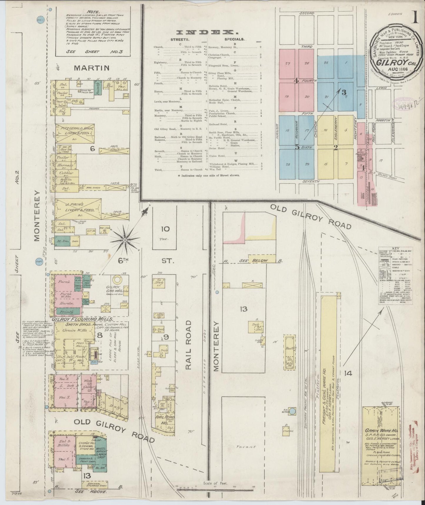 Sanborn Fire Insurance Map from Gilroy, Santa Clara County, California (1886), Sheet #0001 - Historic Sanborn Fire Insurance Map Print, vintage old map wall art, antique decor, genealogy gift, California California map