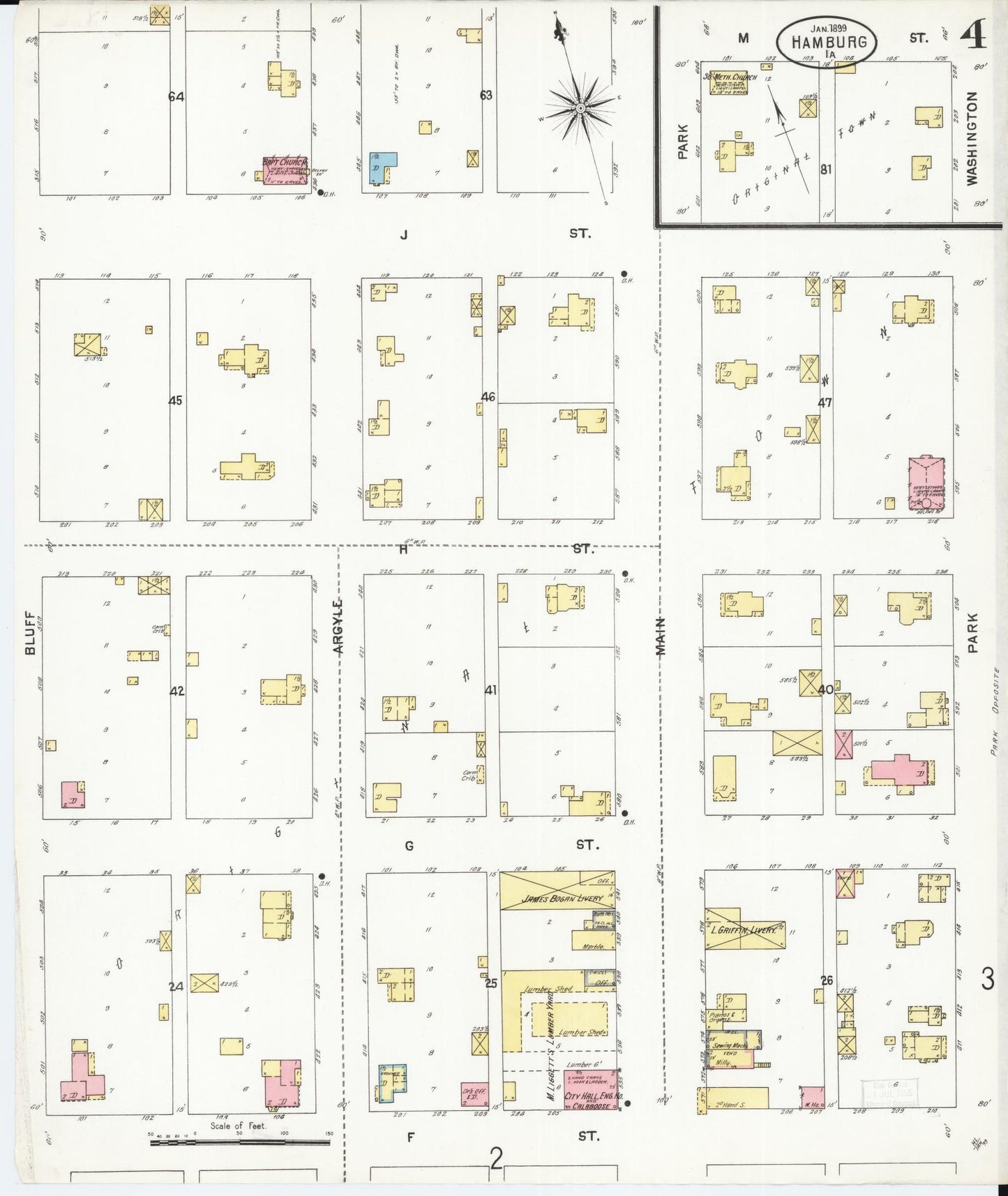 Sanborn Fire Insurance Map from Hamburg, Fremont County, Iowa (1899), Sheet #0004 - Historic Sanborn Fire Insurance Map Print, vintage old map wall art