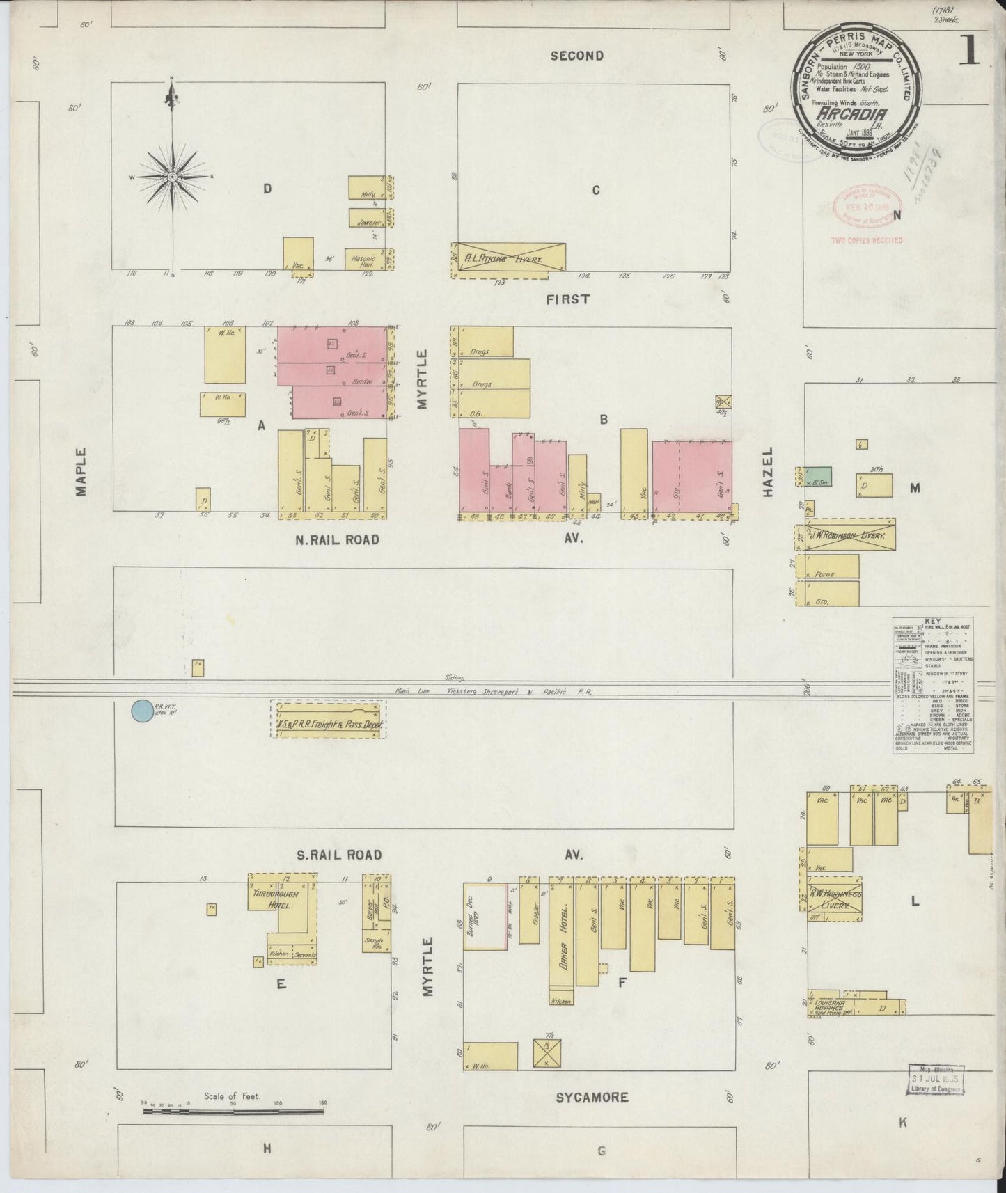 Sanborn Fire Insurance Map from Arcadia, Bienville Parish, Louisiana (1898), Sheet #0001 - Historic Sanborn Fire Insurance Map Print, vintage old map wall art, antique decor, genealogy gift, Louisiana Louisiana map