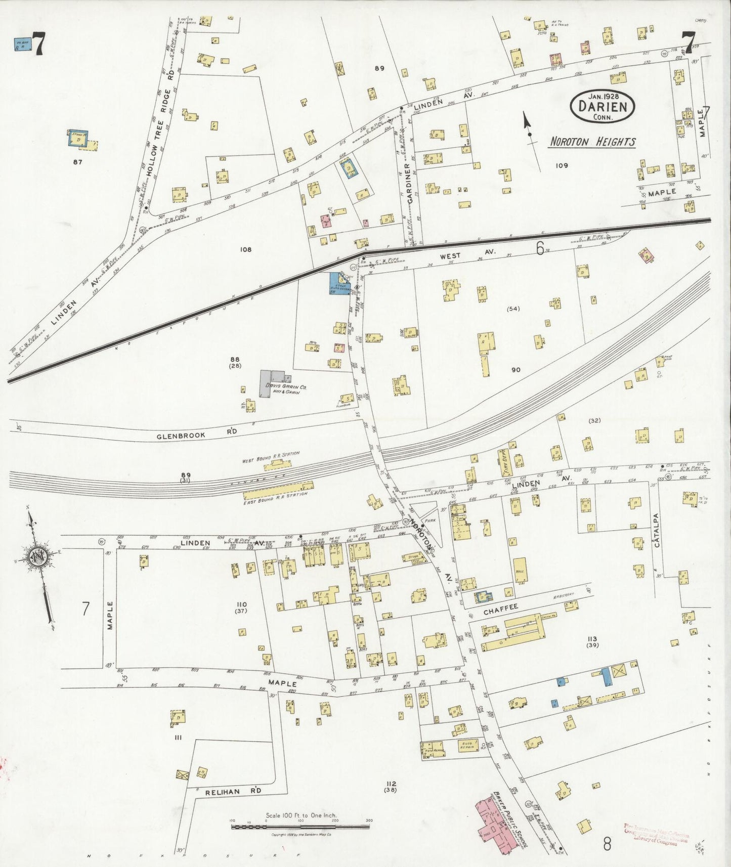 Sanborn Fire Insurance Map from Darien, Fairfield County, Connecticut (1928), Sheet #0007 - Historic Sanborn Fire Insurance Map Print, vintage old map wall art, antique decor, genealogy gift, Connecticut Connecticut map
