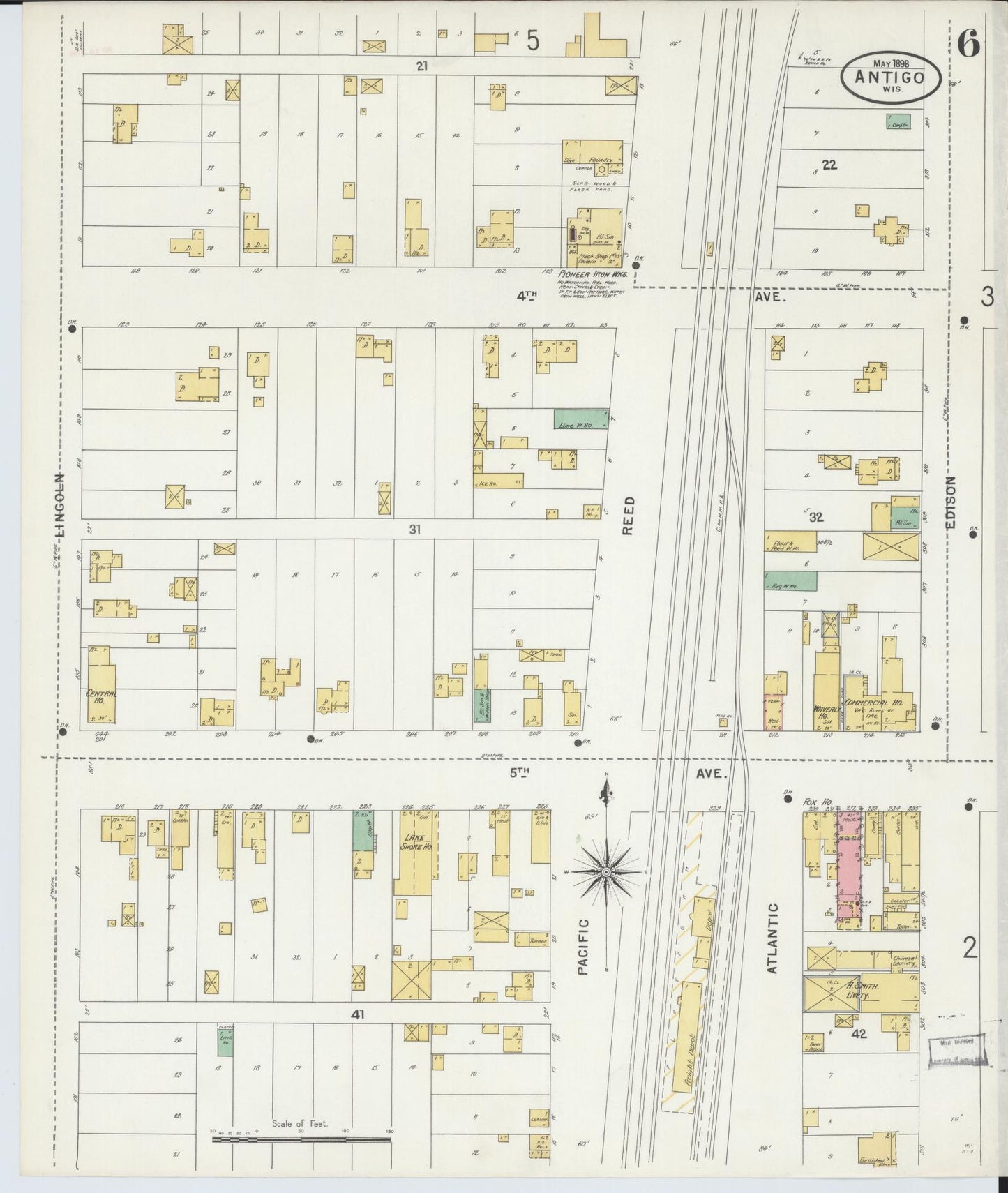 Sanborn Fire Insurance Map from Antigo, Langlade County, Wisconsin (1898), Sheet #0006 - Historic Sanborn Fire Insurance Map Print, vintage old map wall art, antique decor, genealogy gift, Wisconsin Wisconsin map