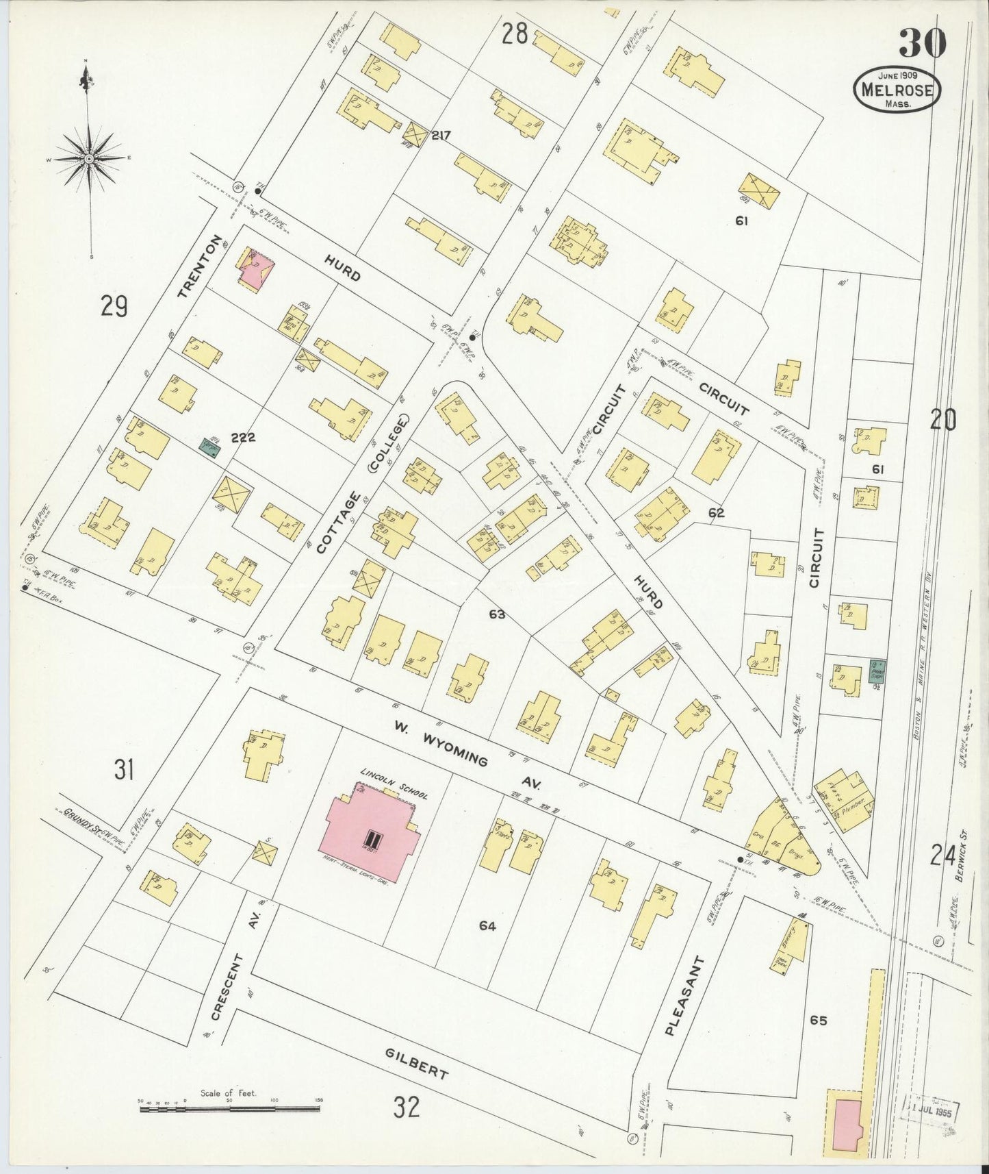 Sanborn Fire Insurance Map from Melrose, Middlesex County, Massachusetts (1909), Sheet #0030 - Historic Sanborn Fire Insurance Map Print, vintage old map wall art, antique decor, genealogy gift, Massachusetts Massachusetts map