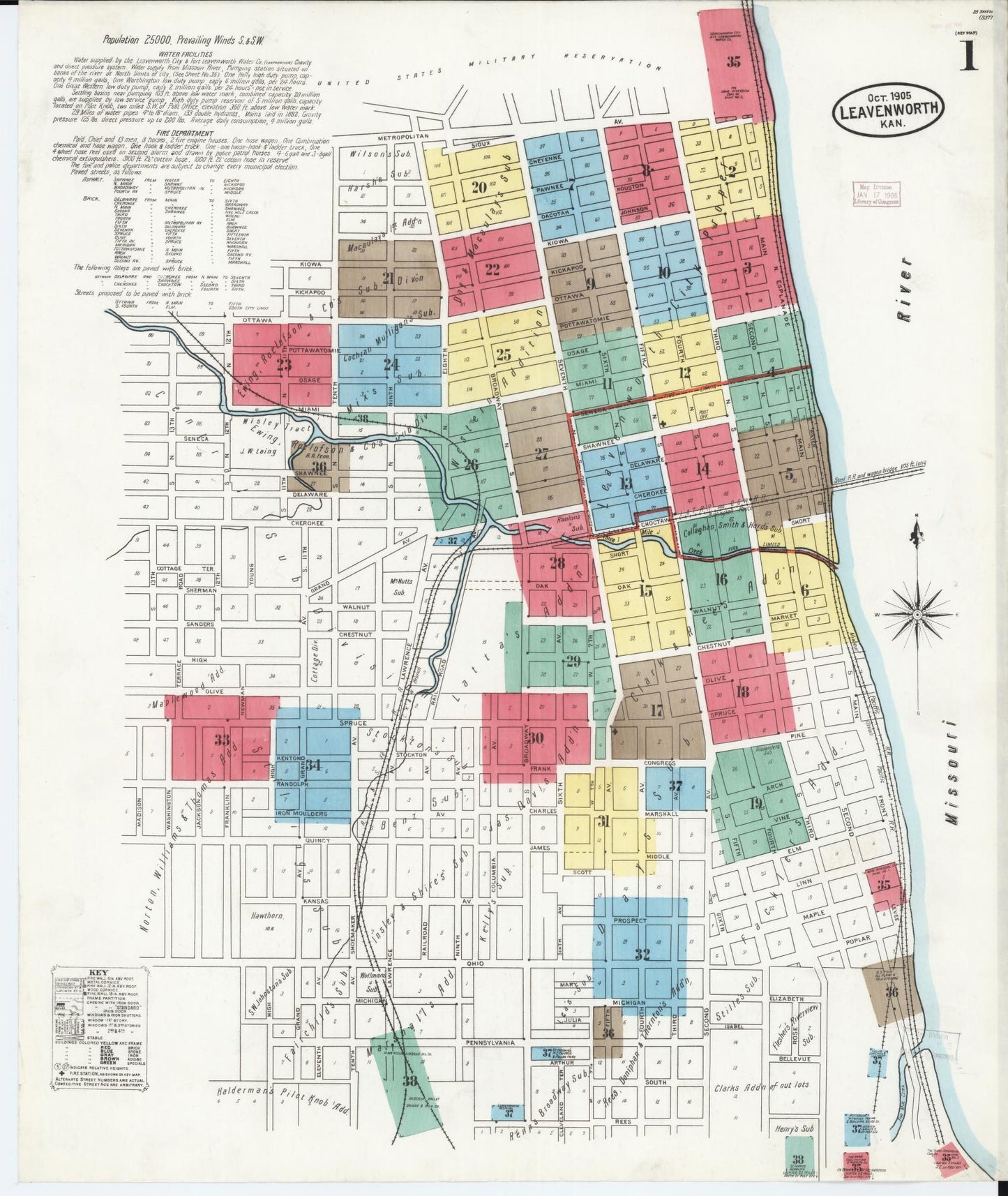 Sanborn Fire Insurance Map from Leavenworth, Leavenworth County, Kansas (1905), Sheet #0002 - Historic Sanborn Fire Insurance Map Print, vintage old map wall art, antique decor, genealogy gift, Kansas Kansas map