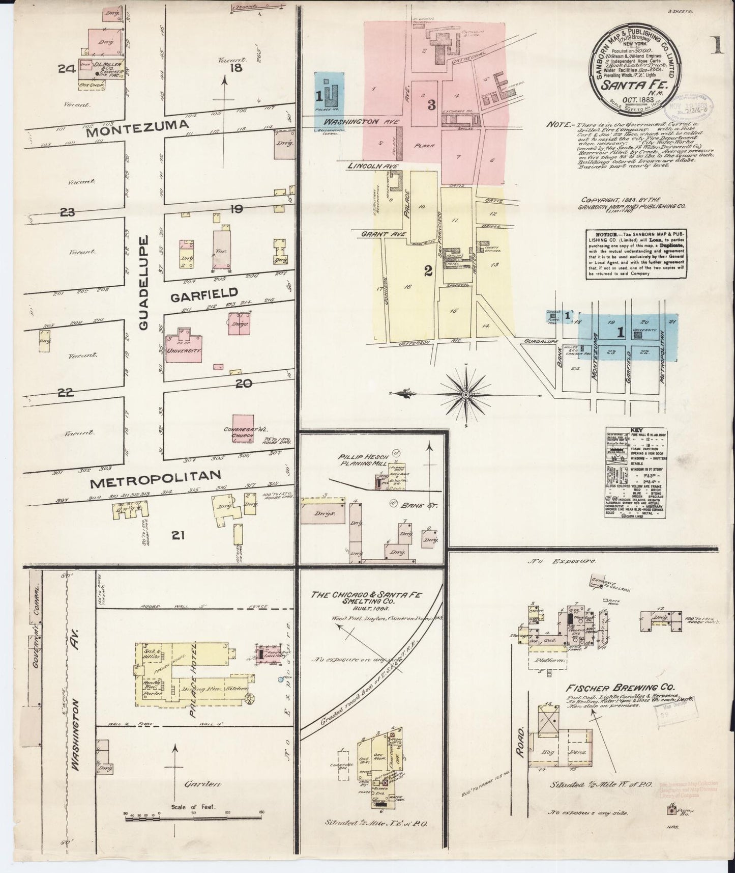 Sanborn Fire Insurance Map from Santa Fe, Santa Fe County, New Mexico (1883), Sheet #0001 - Historic Sanborn Fire Insurance Map Print, vintage old map wall art, antique decor, genealogy gift, New Mexico New Mexico map