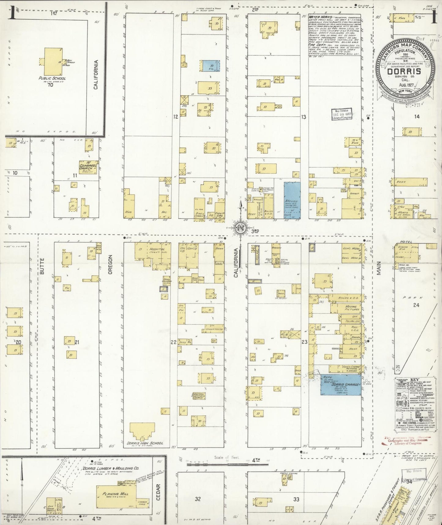 Sanborn Fire Insurance Map from Dorris, Siskiyou County, California (1927), Sheet #0001 - Historic Sanborn Fire Insurance Map Print, vintage old map wall art, antique decor, genealogy gift, California California map