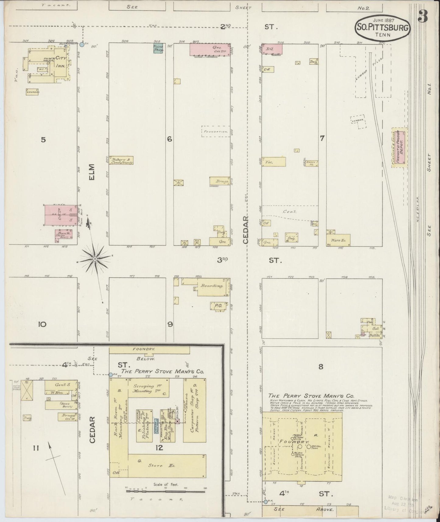 Sanborn Fire Insurance Map from South Pittsburg, Marion County, Tennessee (1887), Sheet #0003 - Complete Map Set gallery image, historic Sanborn map, vintage wall art, Tennessee Tennessee
