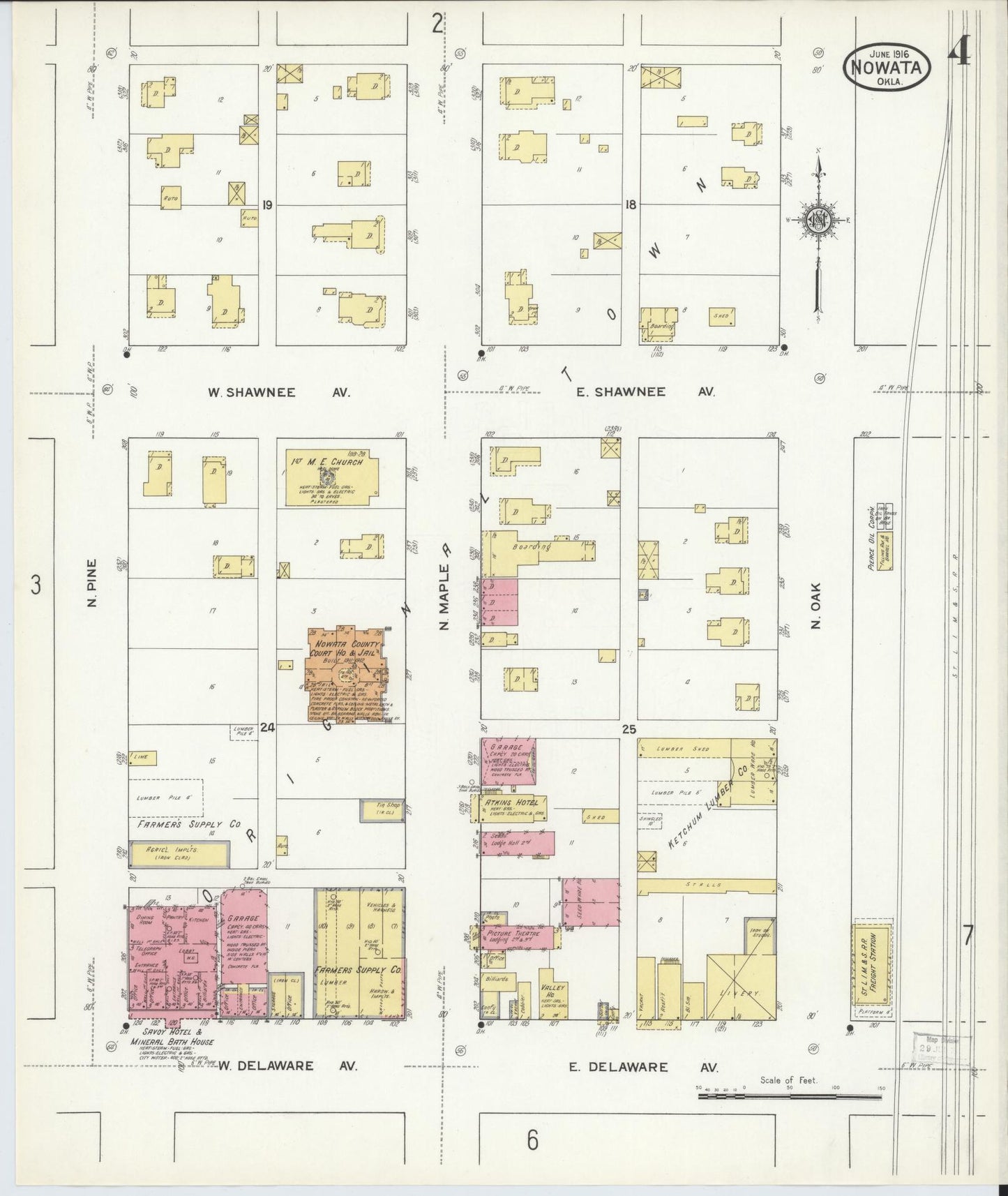 Sanborn Fire Insurance Map from Nowata, Nowata County, Oklahoma (1916), Sheet #0004 - Historic Sanborn Fire Insurance Map Print, vintage old map wall art, antique decor, genealogy gift, Oklahoma Oklahoma map