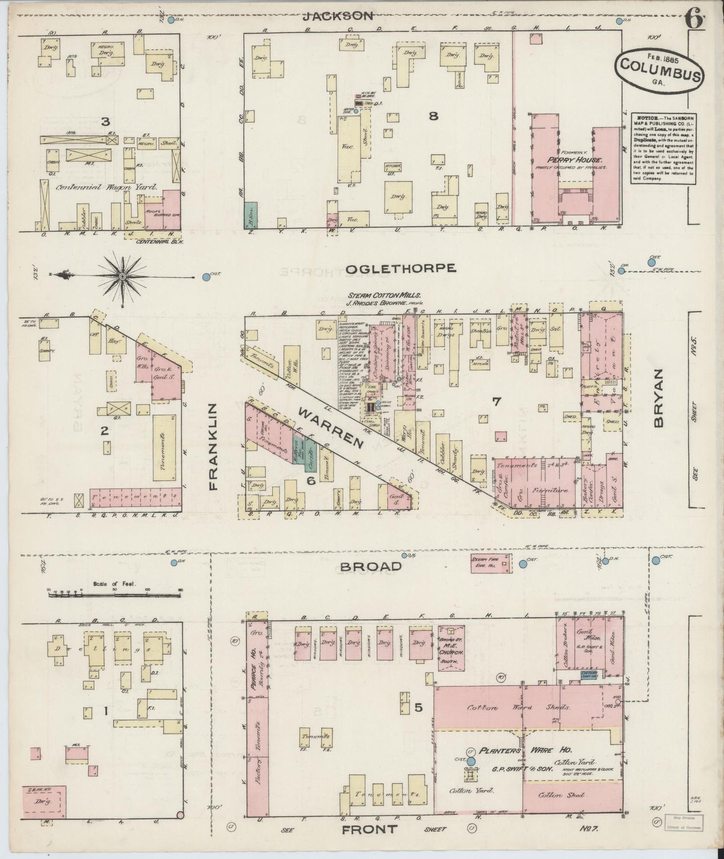 Sanborn Fire Insurance Map from Columbus, Muscogee County, Georgia (1885), Sheet #0006 - Historic Sanborn Fire Insurance Map Print, vintage old map wall art, antique decor, genealogy gift, Georgia Georgia map