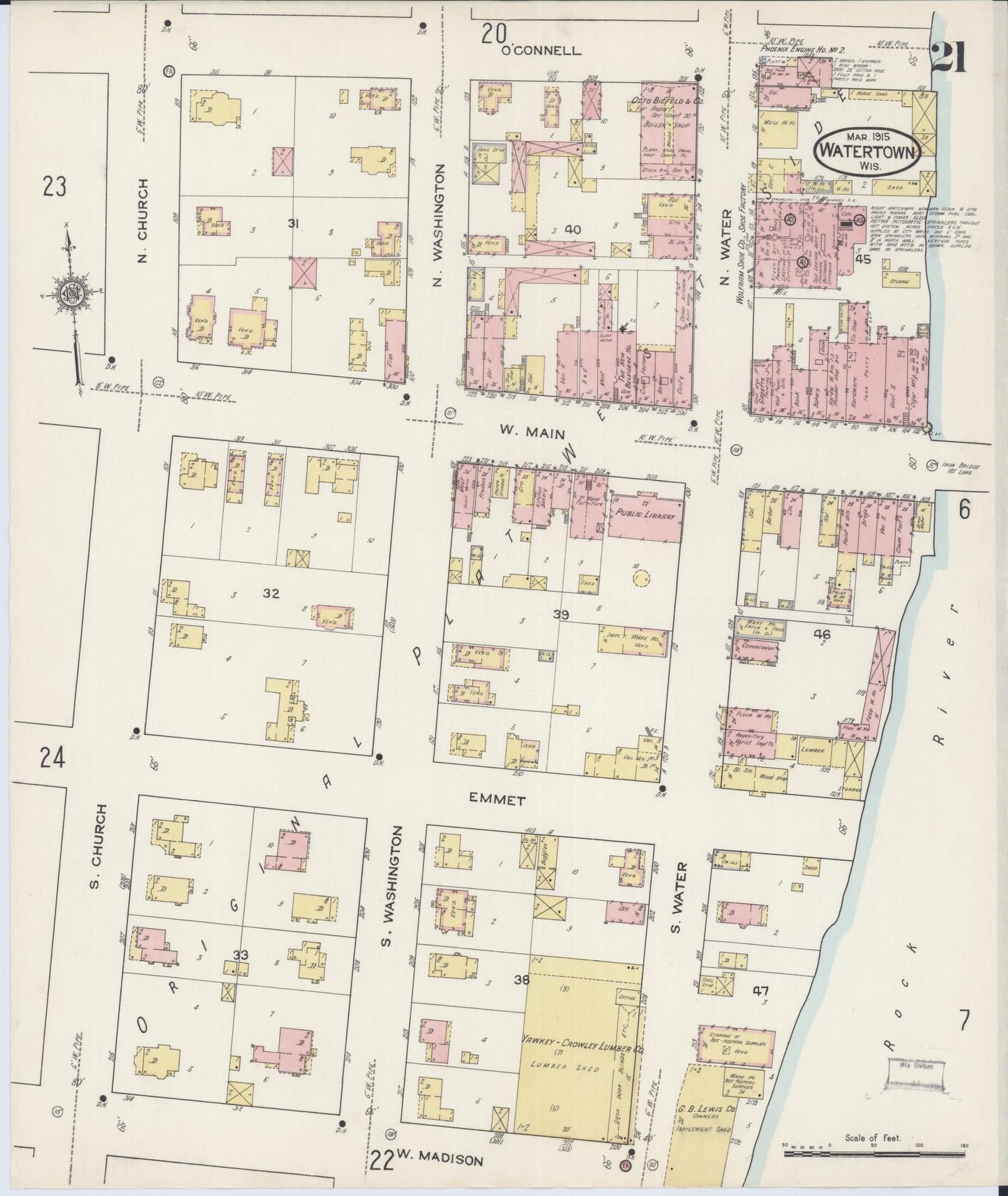 Sanborn Fire Insurance Map from Watertown, Jefferson County, Wisconsin (1915), Sheet #0022 - Historic Sanborn Fire Insurance Map Print, vintage old map wall art, antique decor, genealogy gift, Wisconsin Wisconsin map