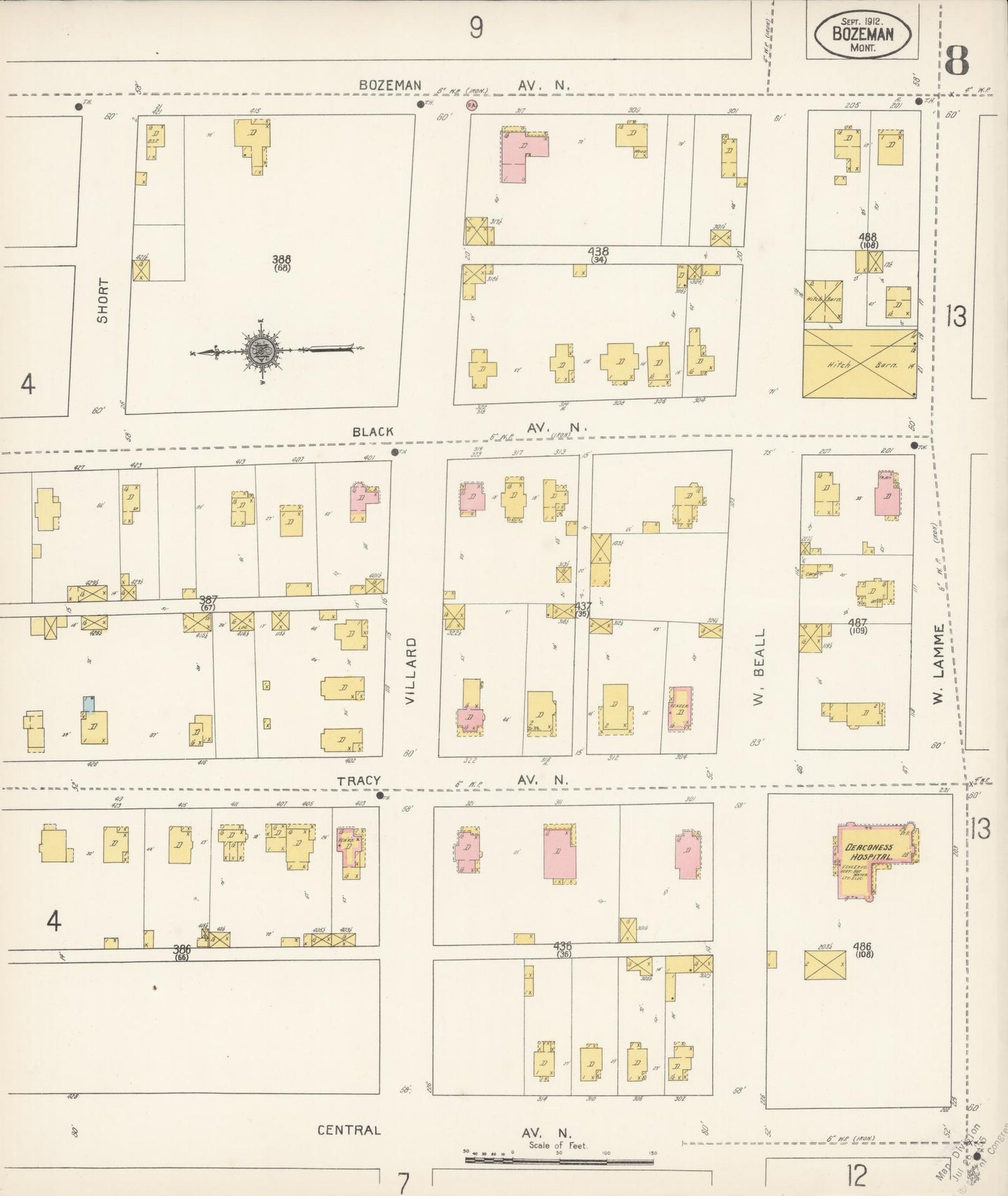Sanborn Fire Insurance Map from Bozeman, Gallatin County, Montana (1912), Sheet #0008 - Historic Sanborn Fire Insurance Map Print, vintage old map wall art, antique decor, genealogy gift, Montana Montana map