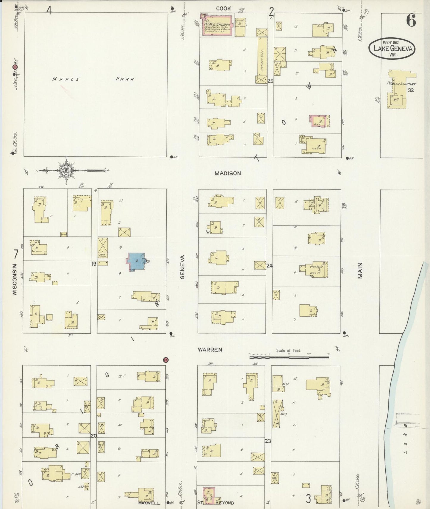 Sanborn Fire Insurance Map from Lake Geneva, Walworth County, Wisconsin (1912), Sheet #0006 - Historic Sanborn Fire Insurance Map Print, vintage old map wall art, antique decor, genealogy gift, Wisconsin Wisconsin map