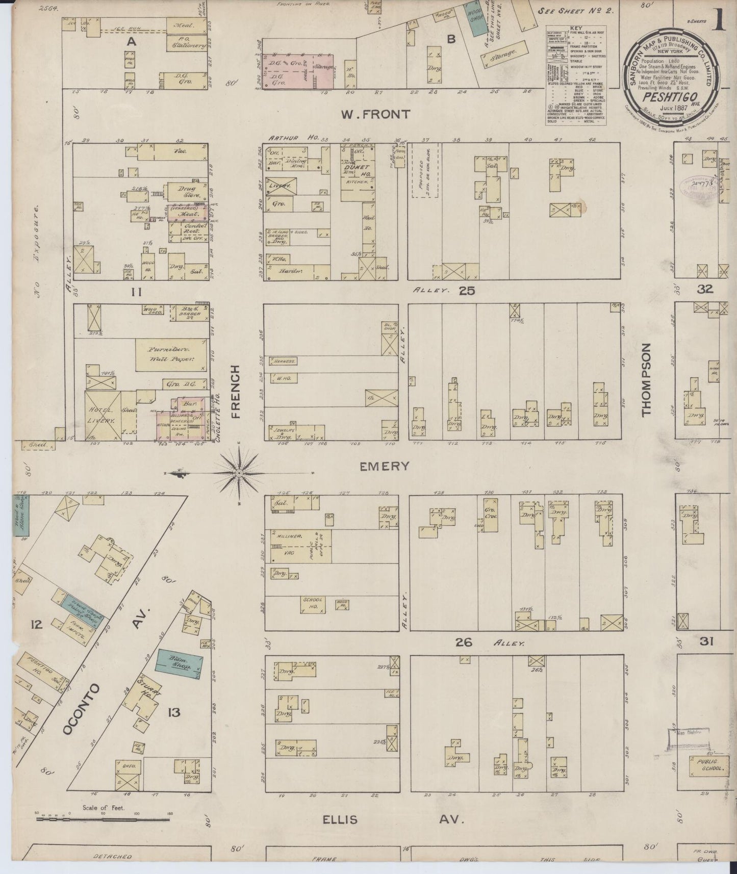 Sanborn Fire Insurance Map from Peshtigo, Marinette County, Wisconsin (1887), Sheet #0001 - Historic Sanborn Fire Insurance Map Print, vintage old map wall art, antique decor, genealogy gift, Wisconsin Wisconsin map