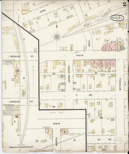 Sanborn Fire Insurance Map from Ackley, Hardin and Franklin Counties, Iowa (1888), Sheet #0002 - Historic Sanborn Fire Insurance Map Print, vintage old map wall art