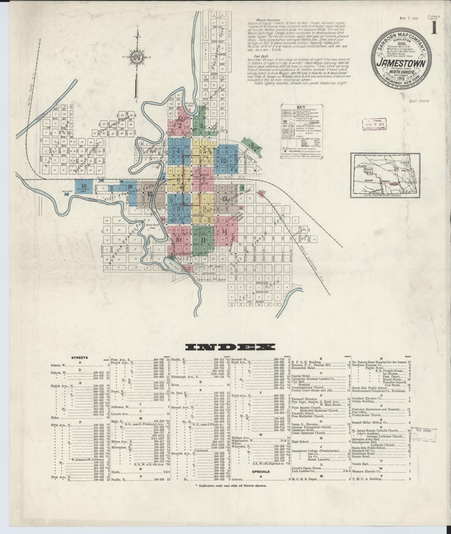 Sanborn Fire Insurance Map from Jamestown, Stutsman County, North Dakota (1913), Sheet #0001 - Historic Sanborn Fire Insurance Map Print, vintage old map wall art, antique decor, genealogy gift, North Dakota North Dakota map