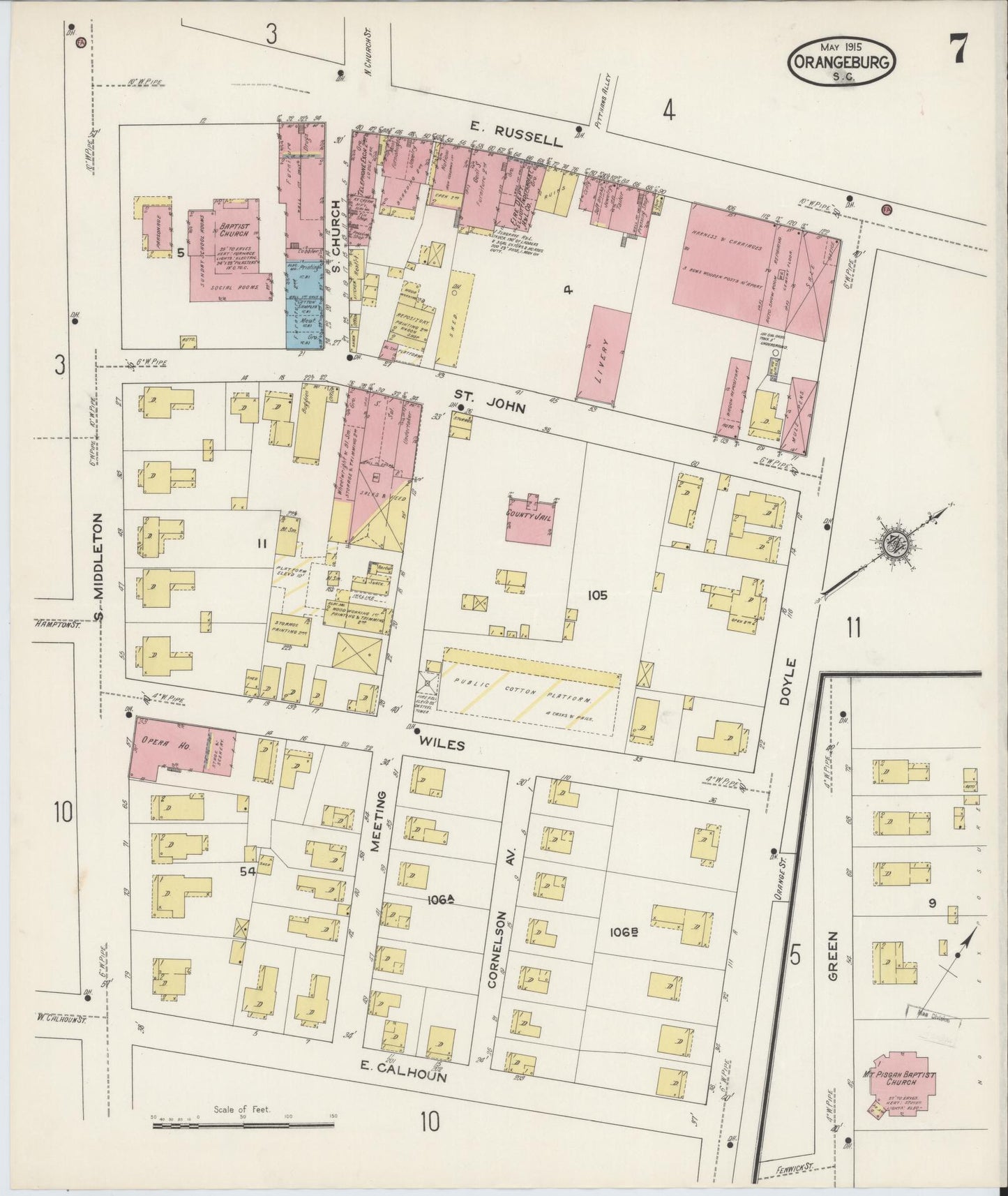 Sanborn Fire Insurance Map from Orangeburg, Orangeburg County, South Carolina (1915), Sheet #0007 - Historic Sanborn Fire Insurance Map Print, vintage old map wall art, antique decor, genealogy gift, South Carolina South Carolina map