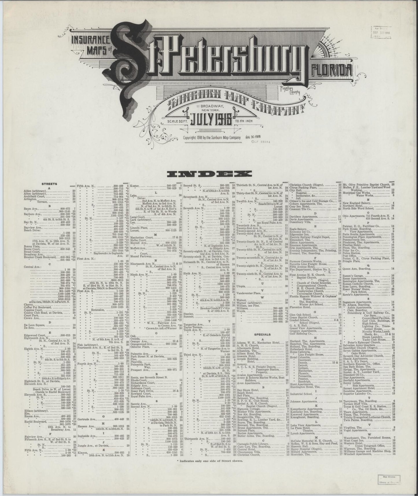 Sanborn Fire Insurance Map from Saint Petersburg, Pinellas County, Florida (1918), Sheet #0001 - Historic Sanborn Fire Insurance Map Print, vintage old map wall art, antique decor, genealogy gift, Florida Florida map
