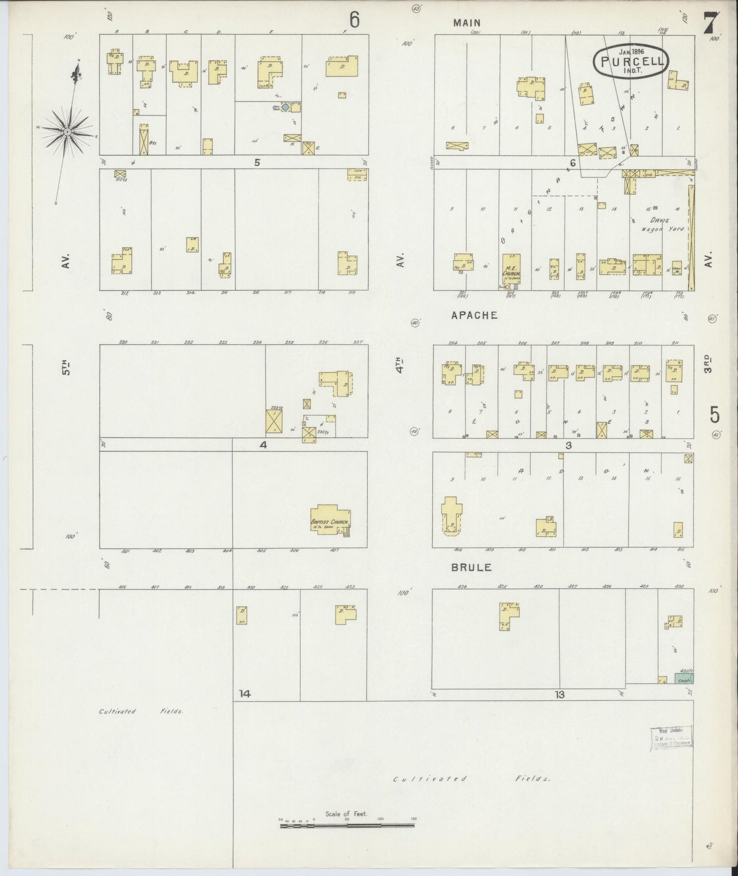 Sanborn Fire Insurance Map from Purcell, McClain County, Oklahoma (1896), Sheet #0007 - Historic Sanborn Fire Insurance Map Print, vintage old map wall art, antique decor, genealogy gift, Oklahoma Oklahoma map