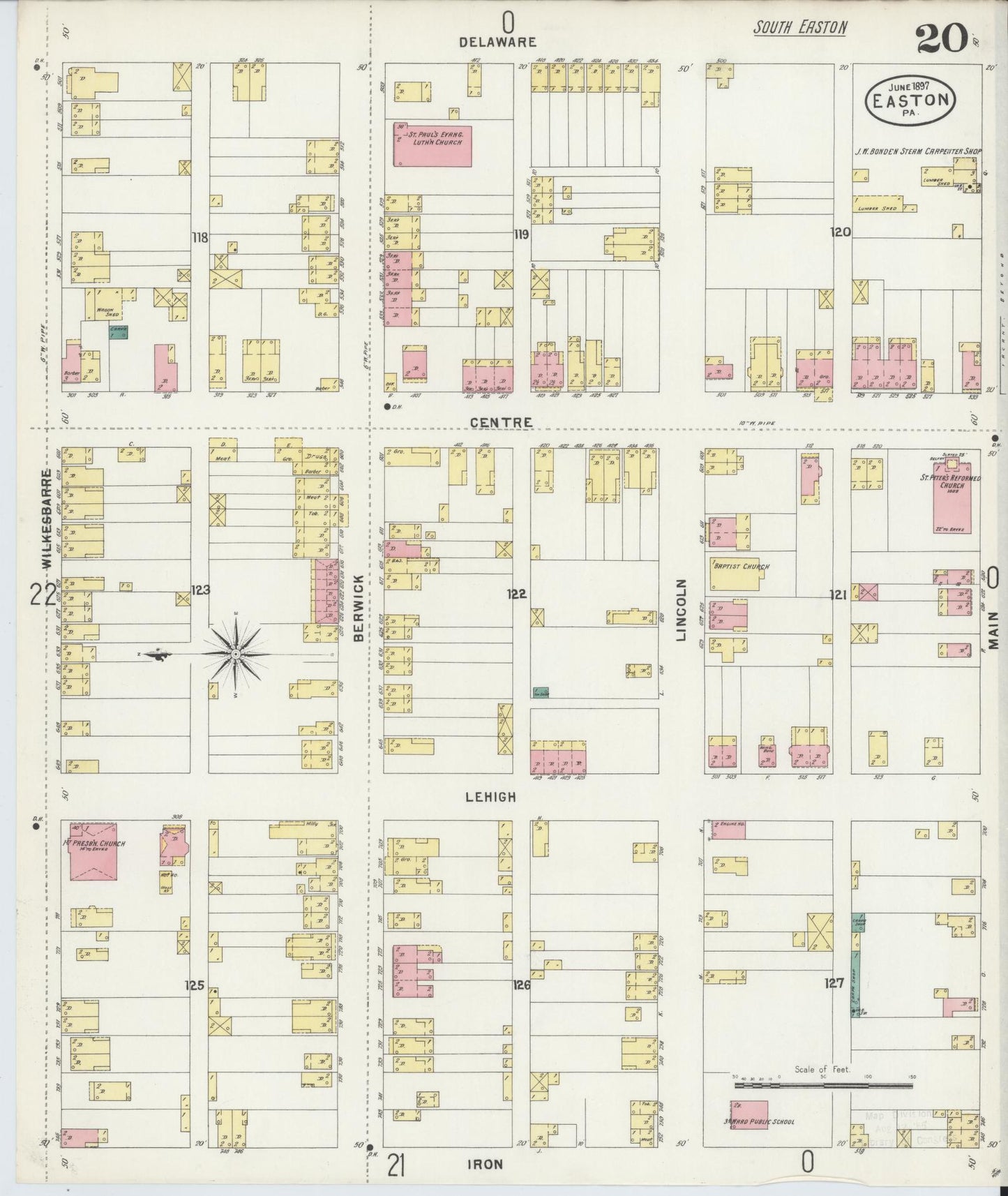 Sanborn Fire Insurance Map from Easton, Northampton County, Pennsylvania (1897), Sheet #0020 - Historic Sanborn Fire Insurance Map Print, vintage old map wall art, antique decor, genealogy gift, Pennsylvania Pennsylvania map