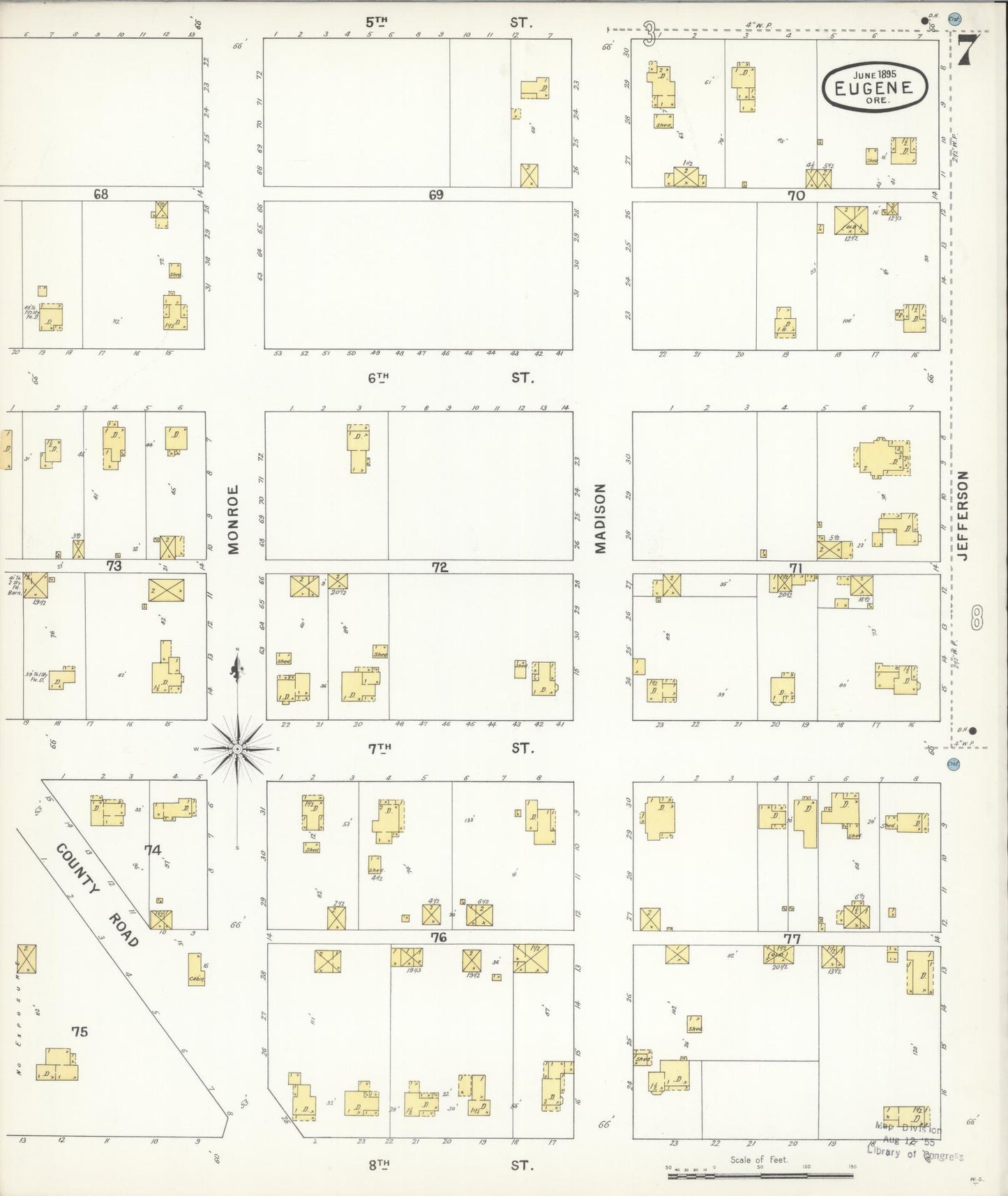 Sanborn Fire Insurance Map from Eugene, Lane County, Oregon (1896), Sheet #0007 - Historic Sanborn Fire Insurance Map Print, vintage old map wall art, antique decor, genealogy gift, Oregon Oregon map