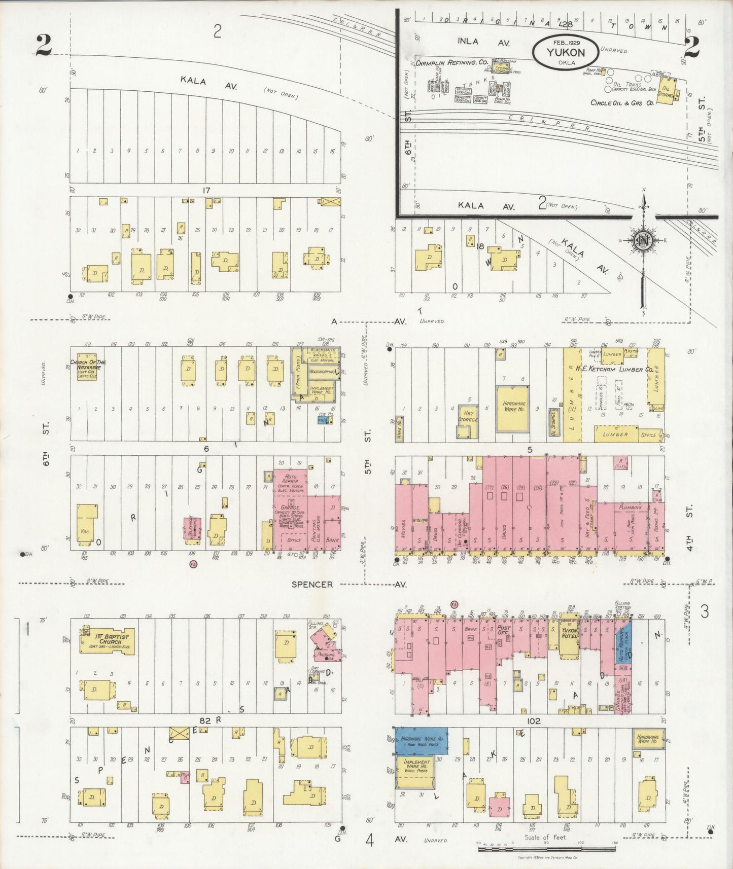 Sanborn Fire Insurance Map from Yukon, Canadian County, Oklahoma (1929), Sheet #0002 - Historic Sanborn Fire Insurance Map Print, vintage old map wall art, antique decor, genealogy gift, Oklahoma Oklahoma map