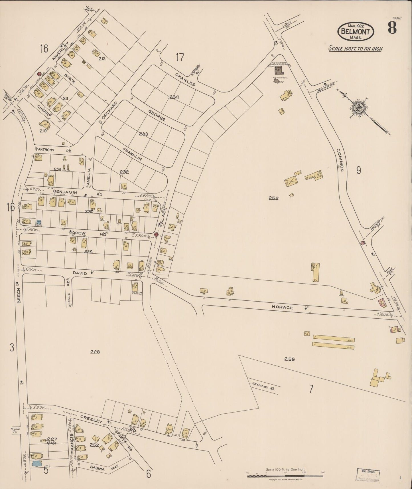 Sanborn Fire Insurance Map from Belmont, Middlesex County, Massachusetts (1922), Sheet #0008 - Historic Sanborn Fire Insurance Map Print, vintage old map wall art, antique decor, genealogy gift, Massachusetts Massachusetts map