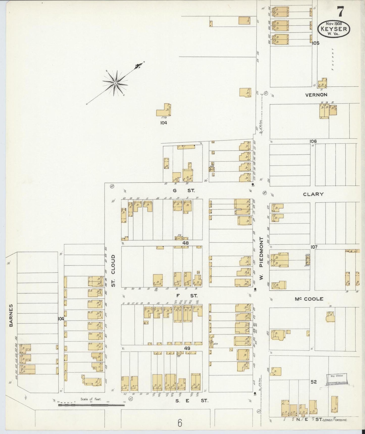 Sanborn Fire Insurance Map from Keyser, Mineral County, West Virginia (1908), Sheet #0007 - Historic Sanborn Fire Insurance Map Print, vintage old map wall art, antique decor, genealogy gift, West Virginia West Virginia map