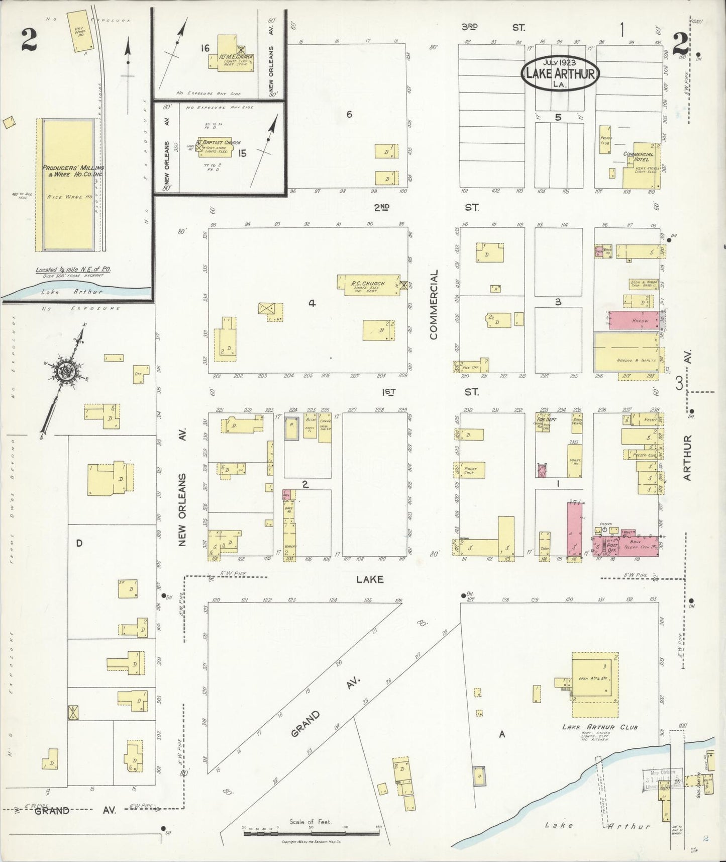 Sanborn Fire Insurance Map from Lake Arthur, Jefferson Davis Parish, Louisiana (1923), Sheet #0002 - Historic Sanborn Fire Insurance Map Print, vintage old map wall art, antique decor, genealogy gift, Louisiana Louisiana map