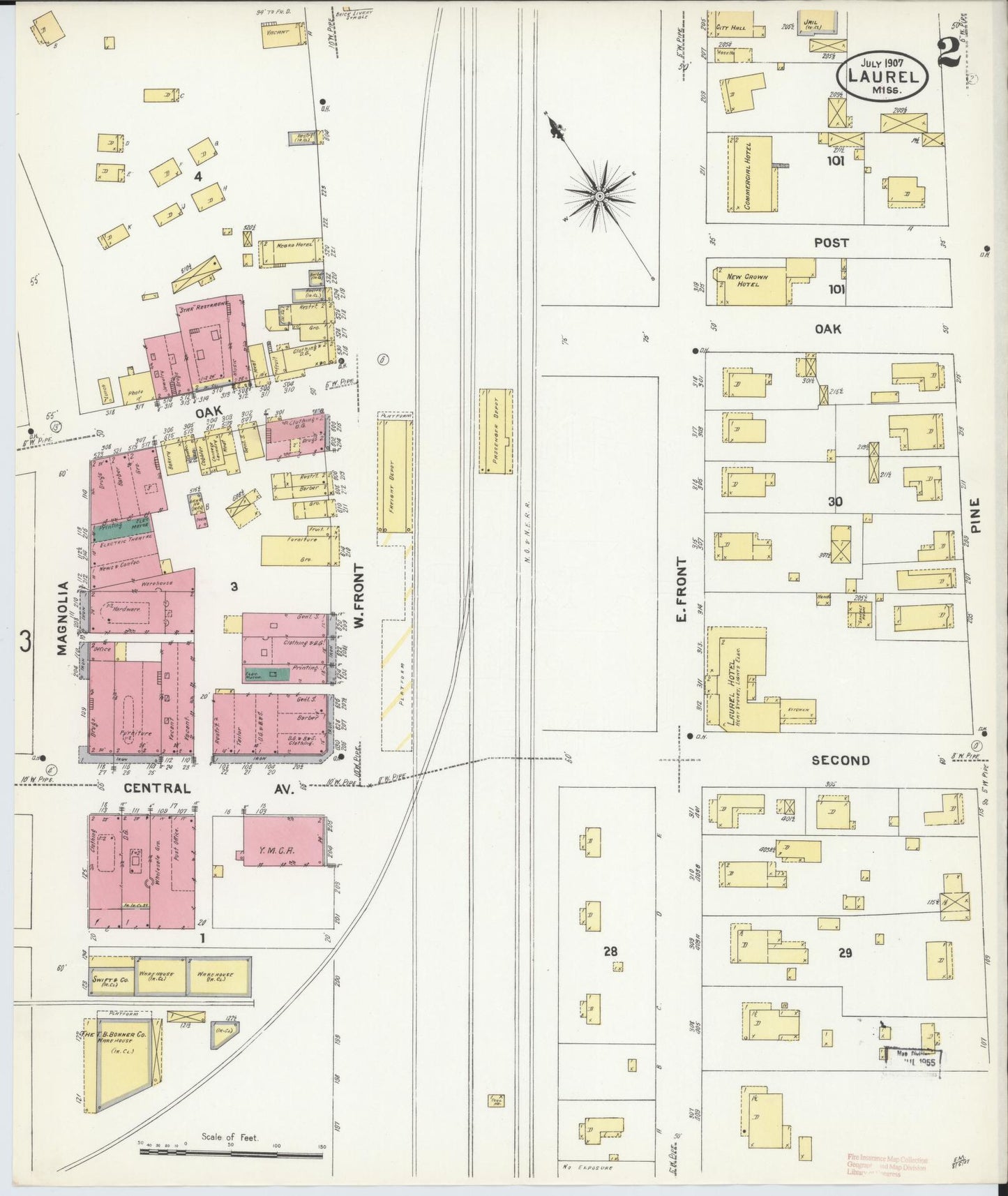 Sanborn Fire Insurance Map from Laurel, Jones County, Mississippi (1907), Sheet #0002 - Historic Sanborn Fire Insurance Map Print, vintage old map wall art, antique decor, genealogy gift, Mississippi Mississippi map