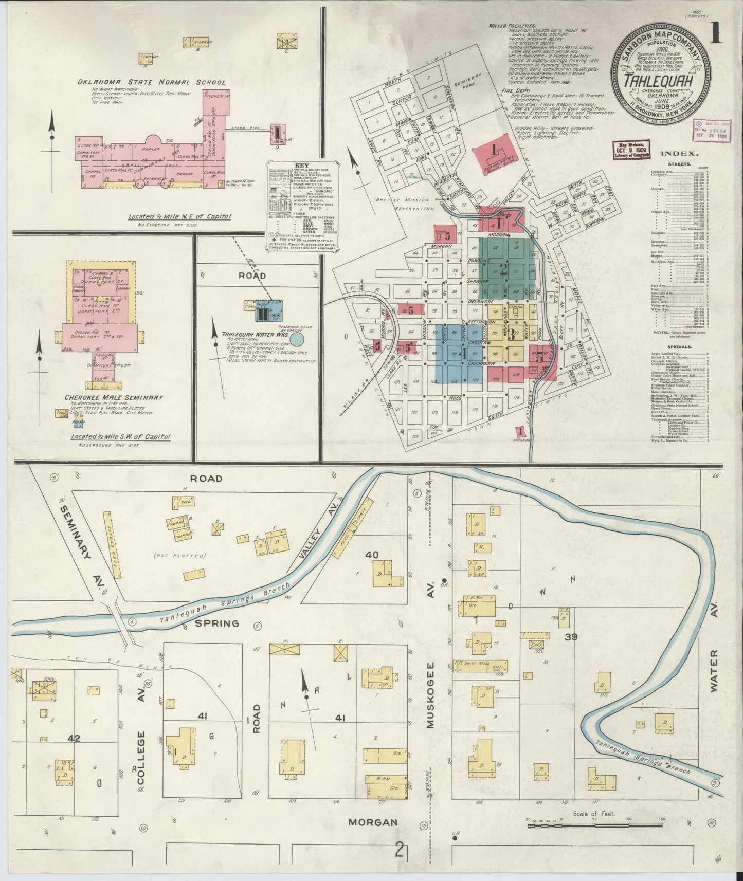 Sanborn Fire Insurance Map from Tahlequah, Cherokee County, Oklahoma (1909), Sheet #0001 - Historic Sanborn Fire Insurance Map Print, vintage old map wall art, antique decor, genealogy gift, Oklahoma Oklahoma map