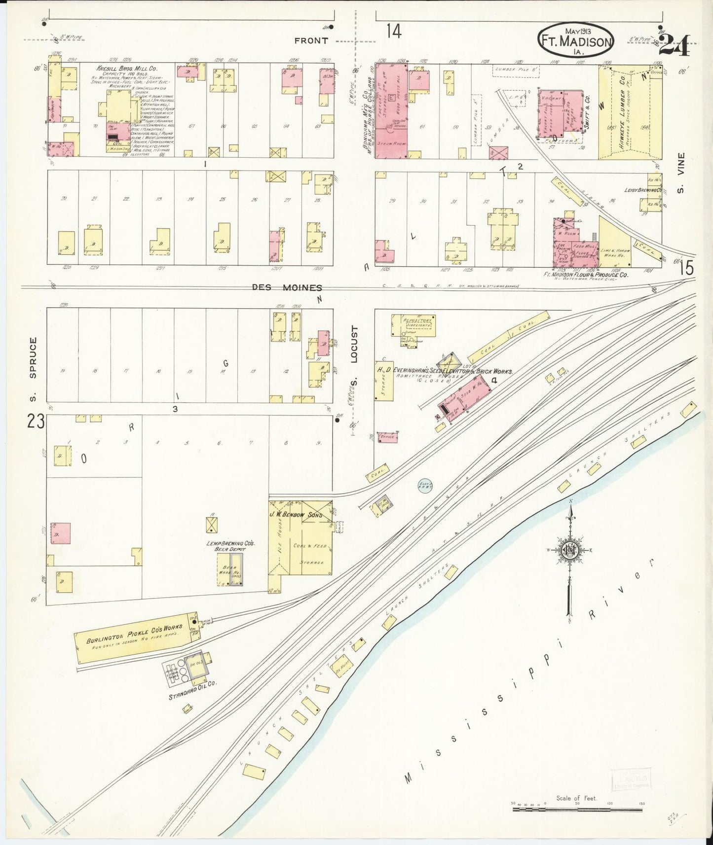 Sanborn Fire Insurance Map from Fort Madison, Lee County, Iowa (1913), Sheet #0024 - Historic Sanborn Fire Insurance Map Print, vintage old map wall art
