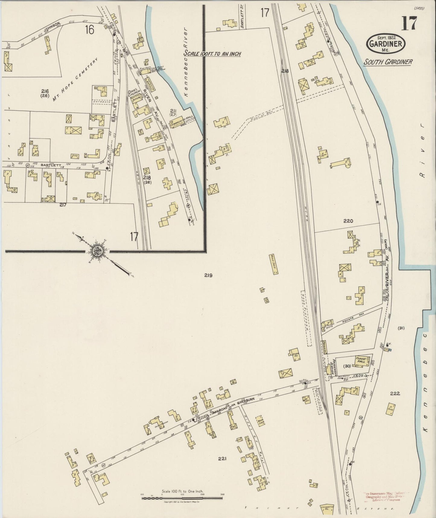Sanborn Fire Insurance Map from Gardiner, Kennebec County, Maine (1922), Sheet #0017 - Historic Sanborn Fire Insurance Map Print, vintage old map wall art, antique decor, genealogy gift, Maine Maine map