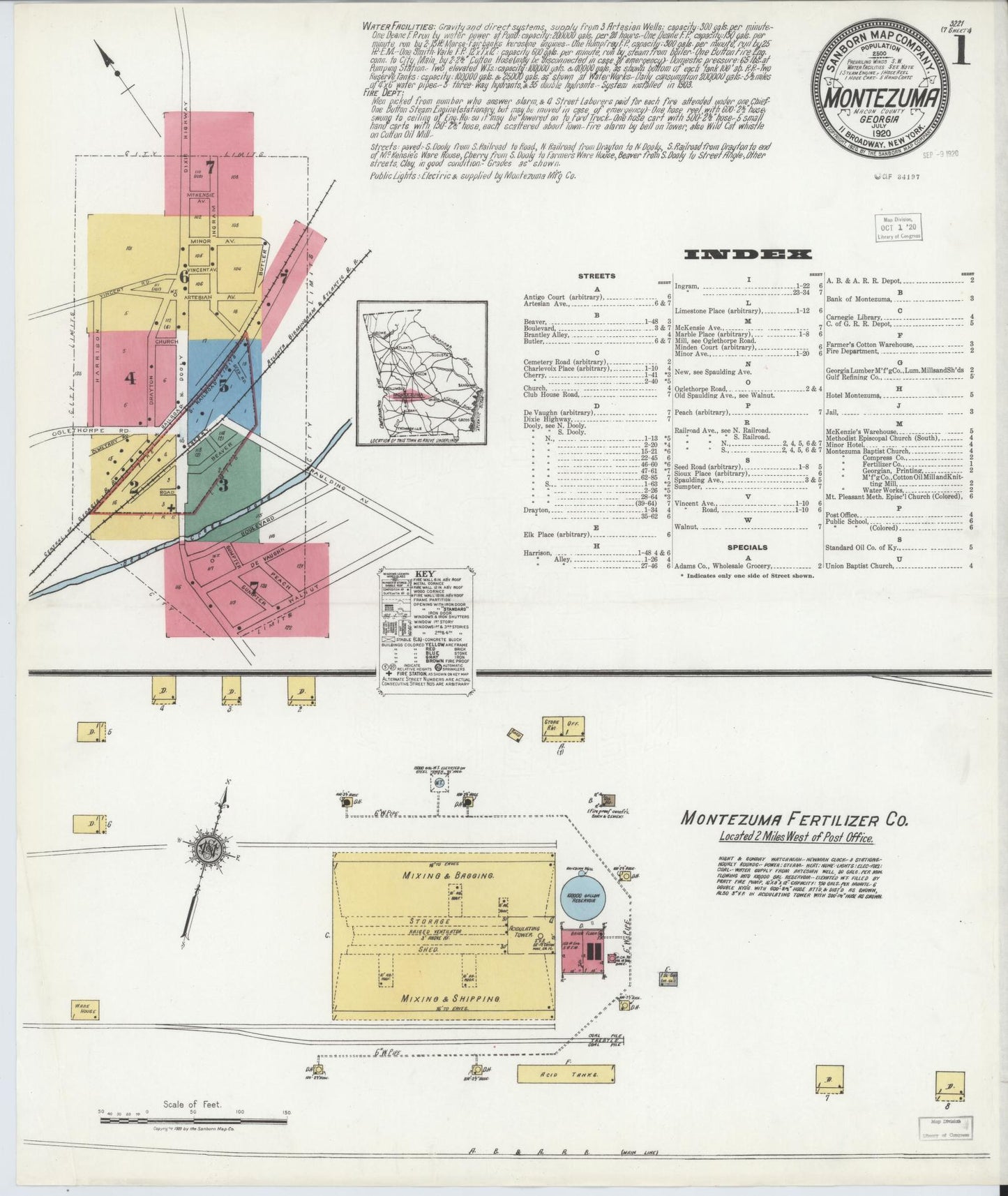 Sanborn Fire Insurance Map from Montezuma, Macon County, Georgia (1920), Sheet #0001 - Historic Sanborn Fire Insurance Map Print, vintage old map wall art, antique decor, genealogy gift, Georgia Georgia map