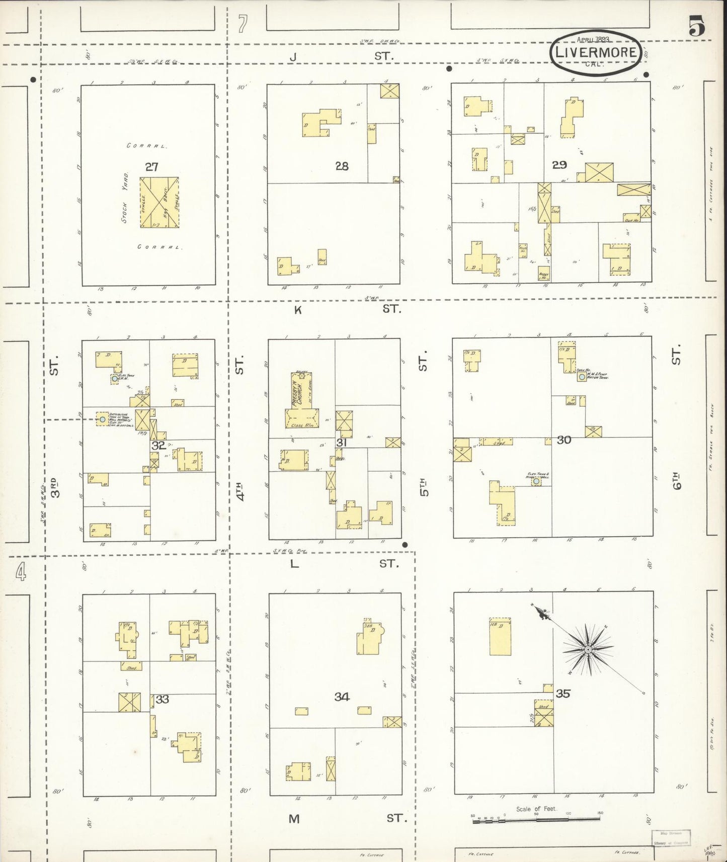 Sanborn Fire Insurance Map from Livermore, Alameda County, California (1893), Sheet #0005 - Historic Sanborn Fire Insurance Map Print, vintage old map wall art, antique decor, genealogy gift, California California map