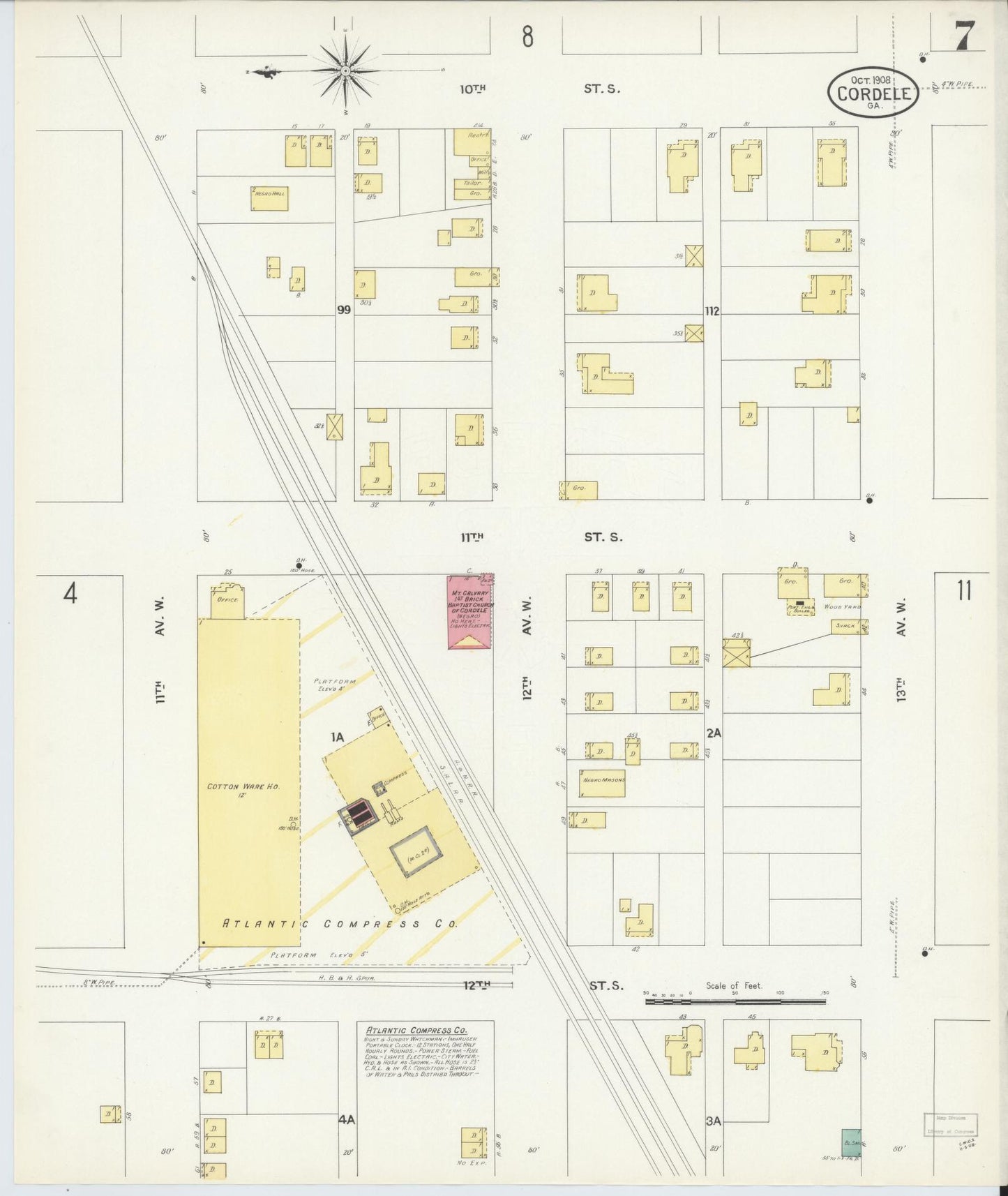 Sanborn Fire Insurance Map from Cordele, Crisp County, Georgia (1908), Sheet #0007 - Historic Sanborn Fire Insurance Map Print, vintage old map wall art, antique decor, genealogy gift, Georgia Georgia map