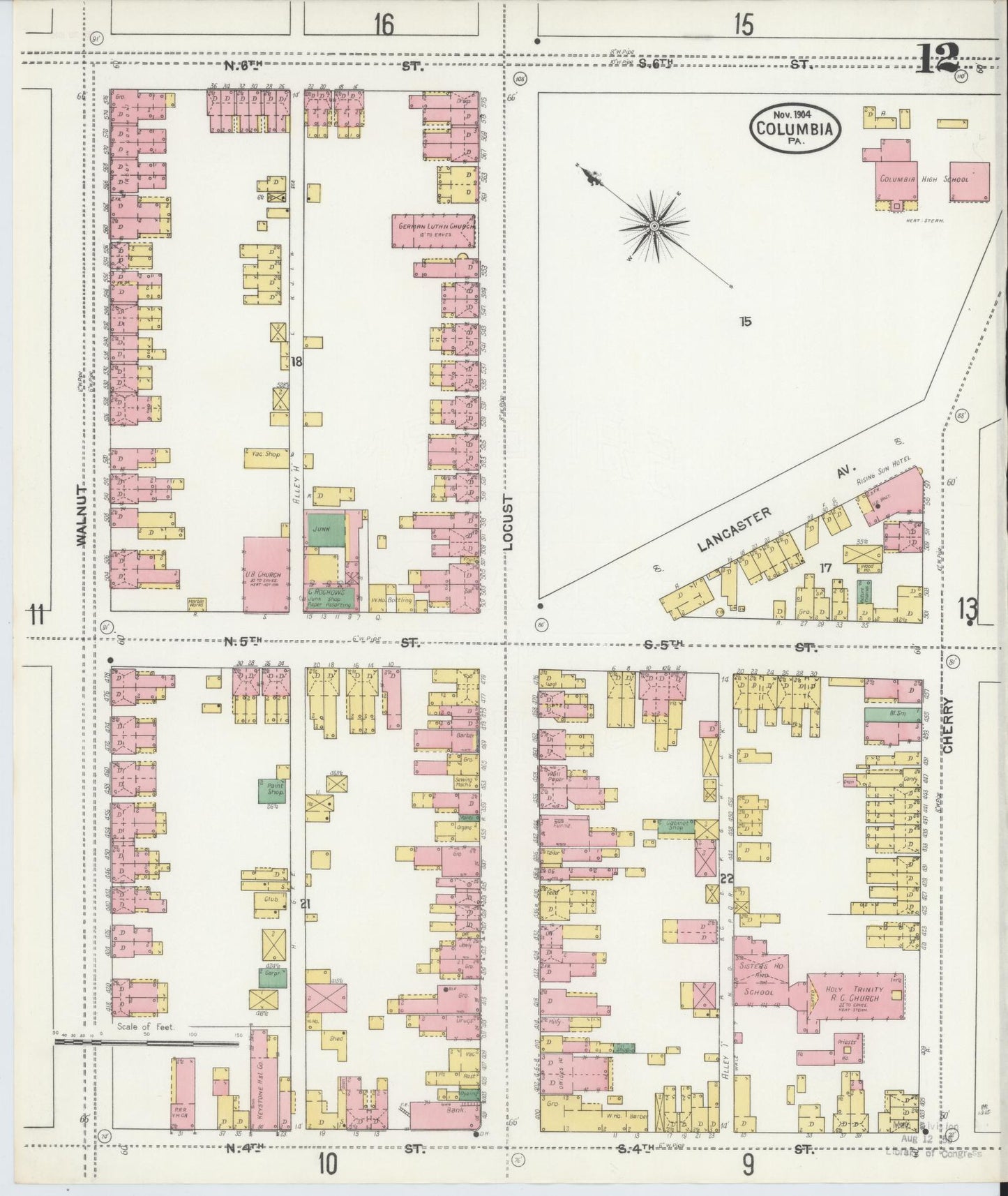 Sanborn Fire Insurance Map from Columbia, Lancaster County, Pennsylvania (1904), Sheet #0012 - Historic Sanborn Fire Insurance Map Print, vintage old map wall art, antique decor, genealogy gift, Pennsylvania Pennsylvania map