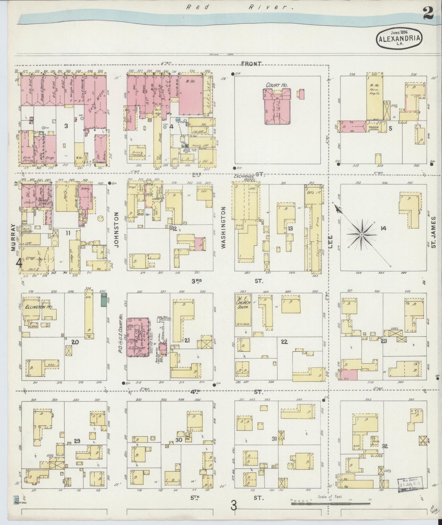 Sanborn Fire Insurance Map from Alexandria, Rapides Parish, Louisiana (1896), Sheet #0002 - Historic Sanborn Fire Insurance Map Print, vintage old map wall art, antique decor, genealogy gift, Louisiana Louisiana map
