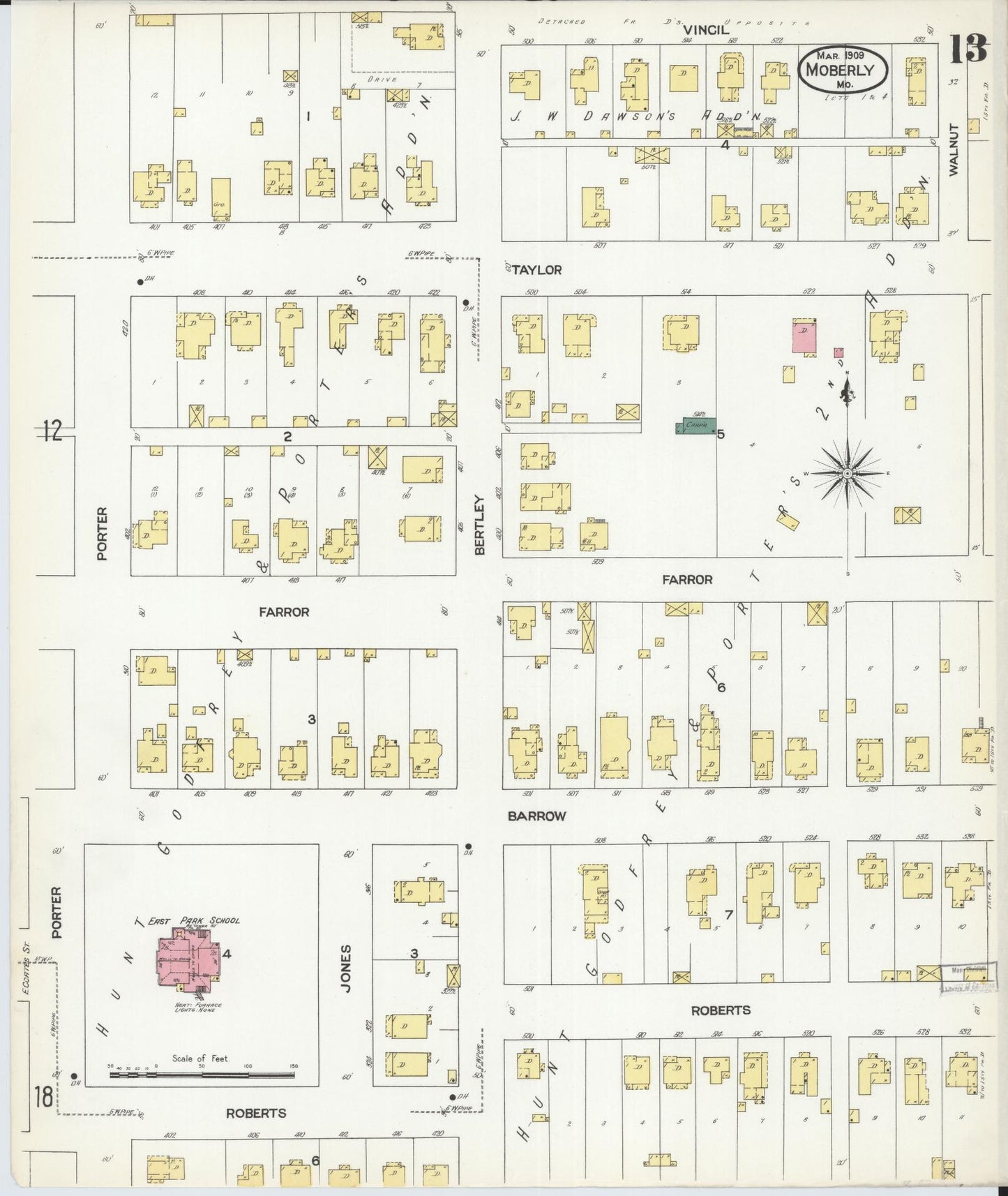 Sanborn Fire Insurance Map from Moberly, Randolph County, Missouri (1909), Sheet #0013 - Historic Sanborn Fire Insurance Map Print, vintage old map wall art, antique decor, genealogy gift, Missouri Missouri map