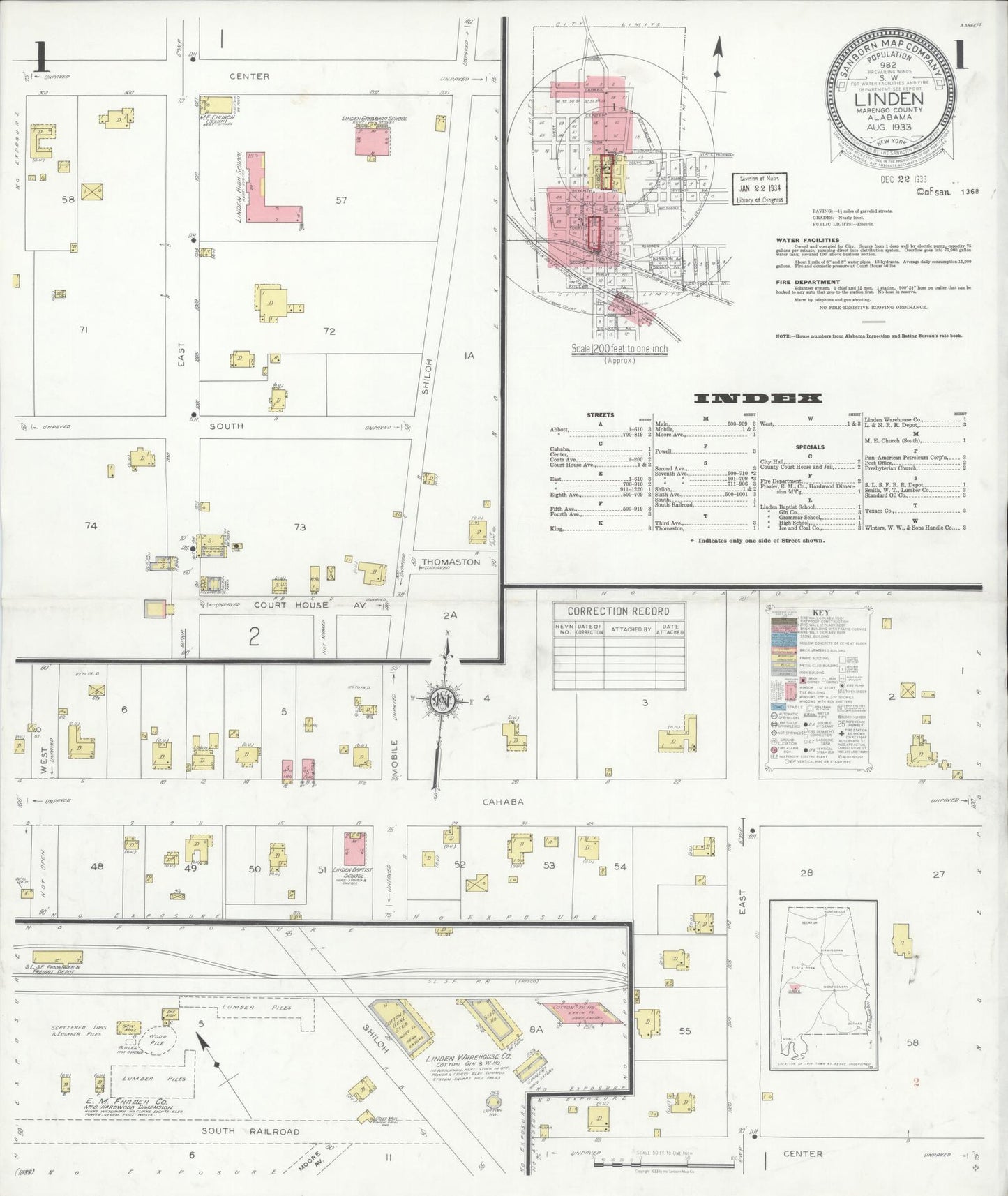 Sanborn Fire Insurance Map from Linden, Marengo County, Alabama (1933), Sheet #0001 - Historic Sanborn Fire Insurance Map Print, vintage old map wall art, antique decor, genealogy gift, Alabama Alabama map