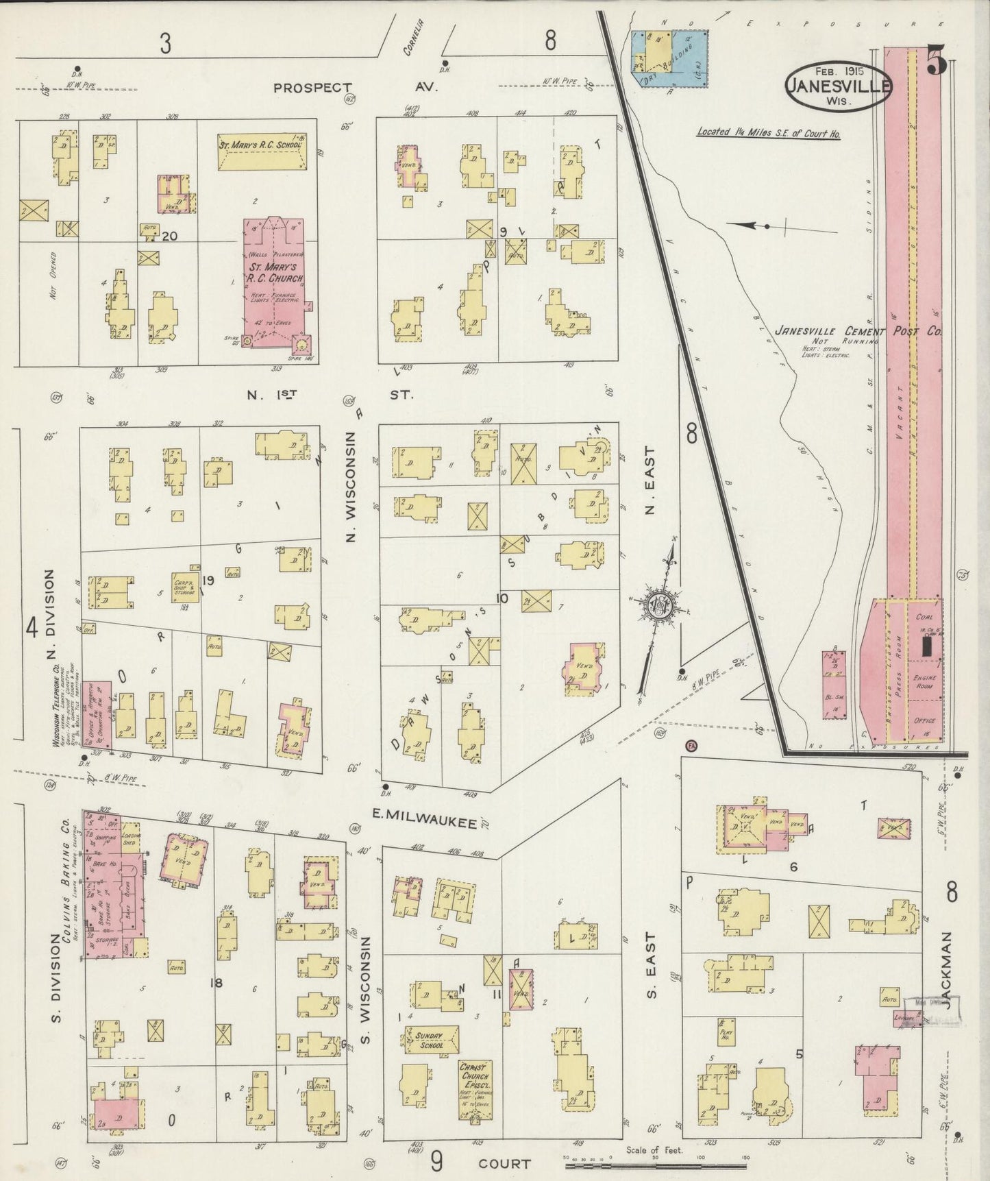 Sanborn Fire Insurance Map from Janesville, Rock County, Wisconsin (1915), Sheet #0005 - Historic Sanborn Fire Insurance Map Print, vintage old map wall art, antique decor, genealogy gift, Wisconsin Wisconsin map