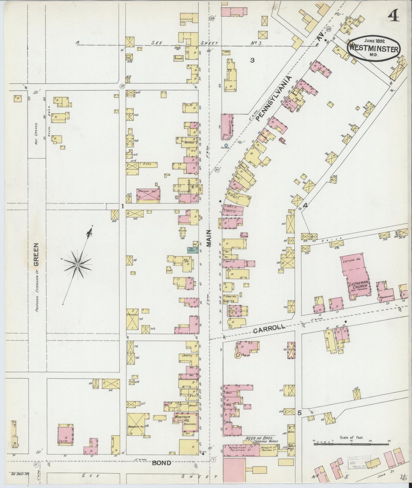 Sanborn Fire Insurance Map from Westminster, Carroll County, Maryland (1892), Sheet #0004 - Historic Sanborn Fire Insurance Map Print, vintage old map wall art, antique decor, genealogy gift, Maryland Maryland map
