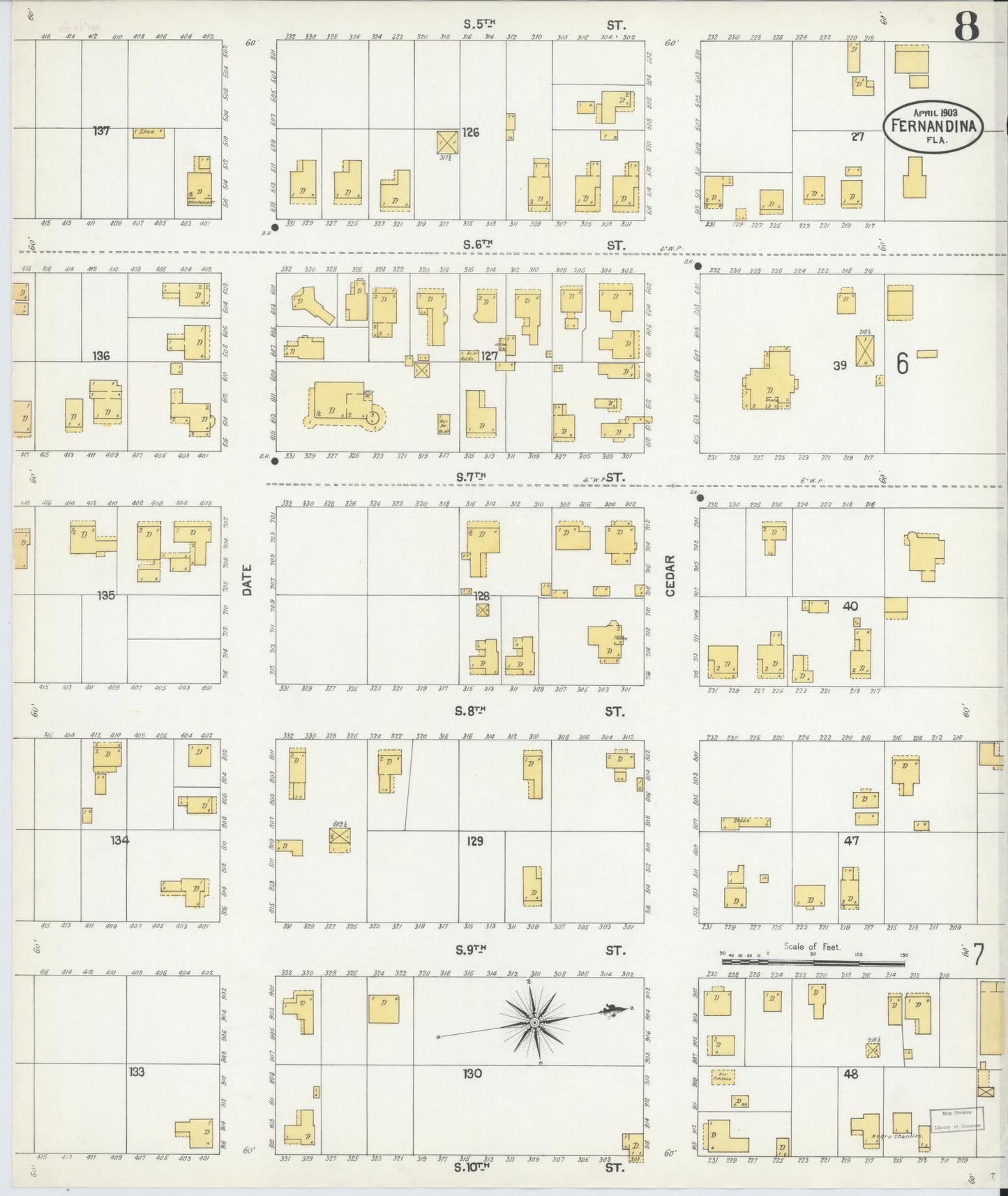 Sanborn Fire Insurance Map from Fernandina, Nassau County, Florida (1903), Sheet #0008 - Historic Sanborn Fire Insurance Map Print, vintage old map wall art, antique decor, genealogy gift, Florida Florida map