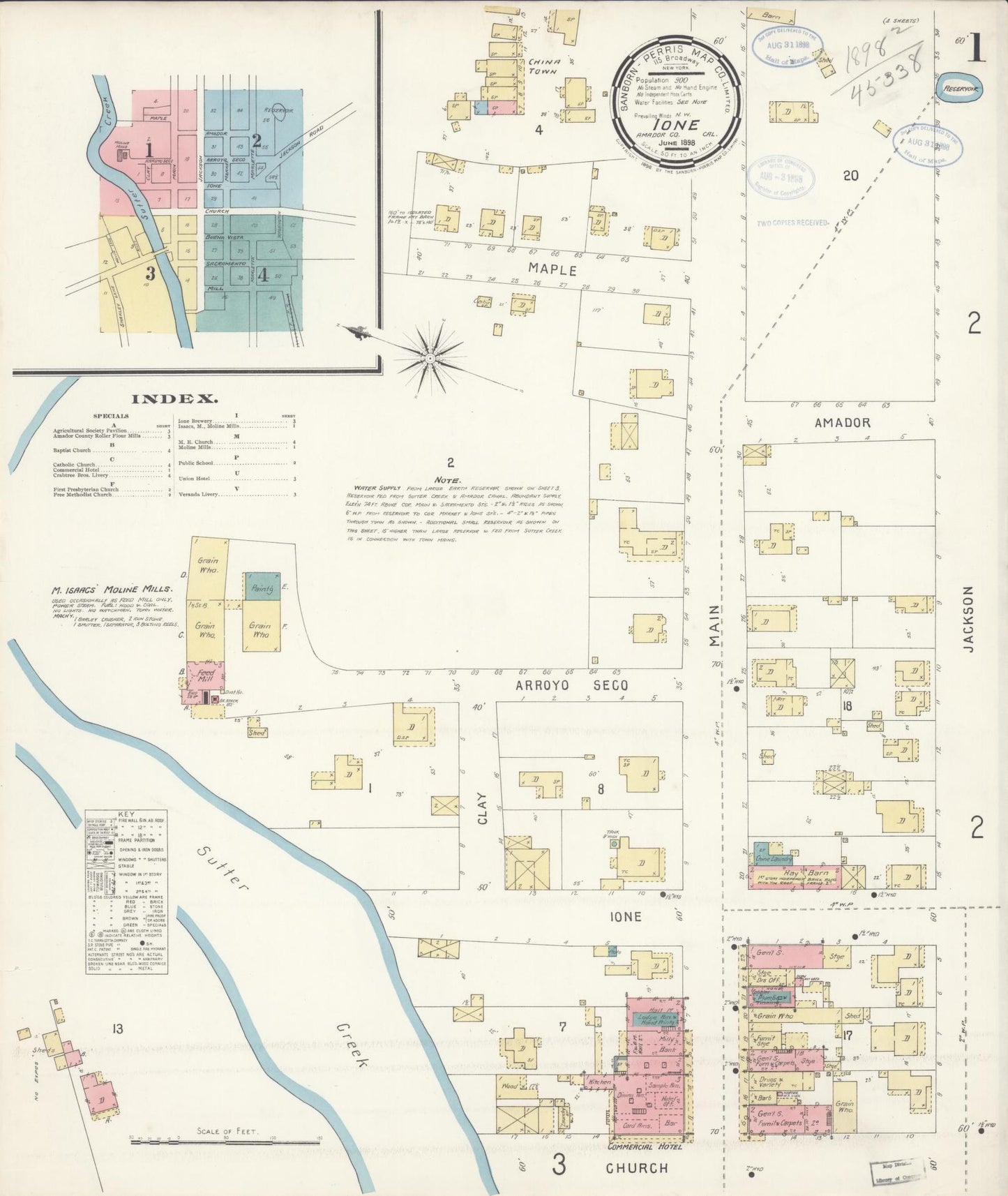 Sanborn Fire Insurance Map from Ione, Amador County, California (1898), Sheet #0001 - Historic Sanborn Fire Insurance Map Print, vintage old map wall art, antique decor, genealogy gift, California California map