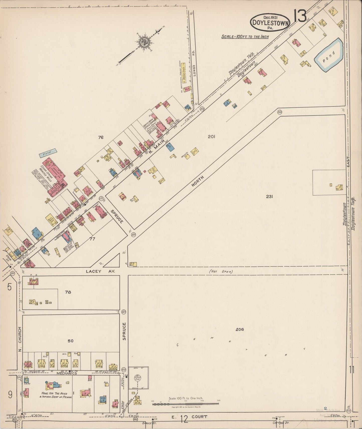 Sanborn Fire Insurance Map from Doylestown, Bucks County, Pennsylvania (1922), Sheet #0013 - Historic Sanborn Fire Insurance Map Print, vintage old map wall art, antique decor, genealogy gift, Pennsylvania Pennsylvania map