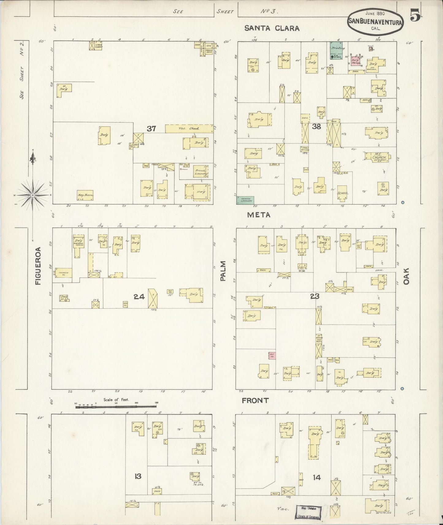 Sanborn Fire Insurance Map from San Buenaventura, Ventura County, California (1890), Sheet #0005 - Complete Map Set gallery image, historic Sanborn map, vintage wall art, California California