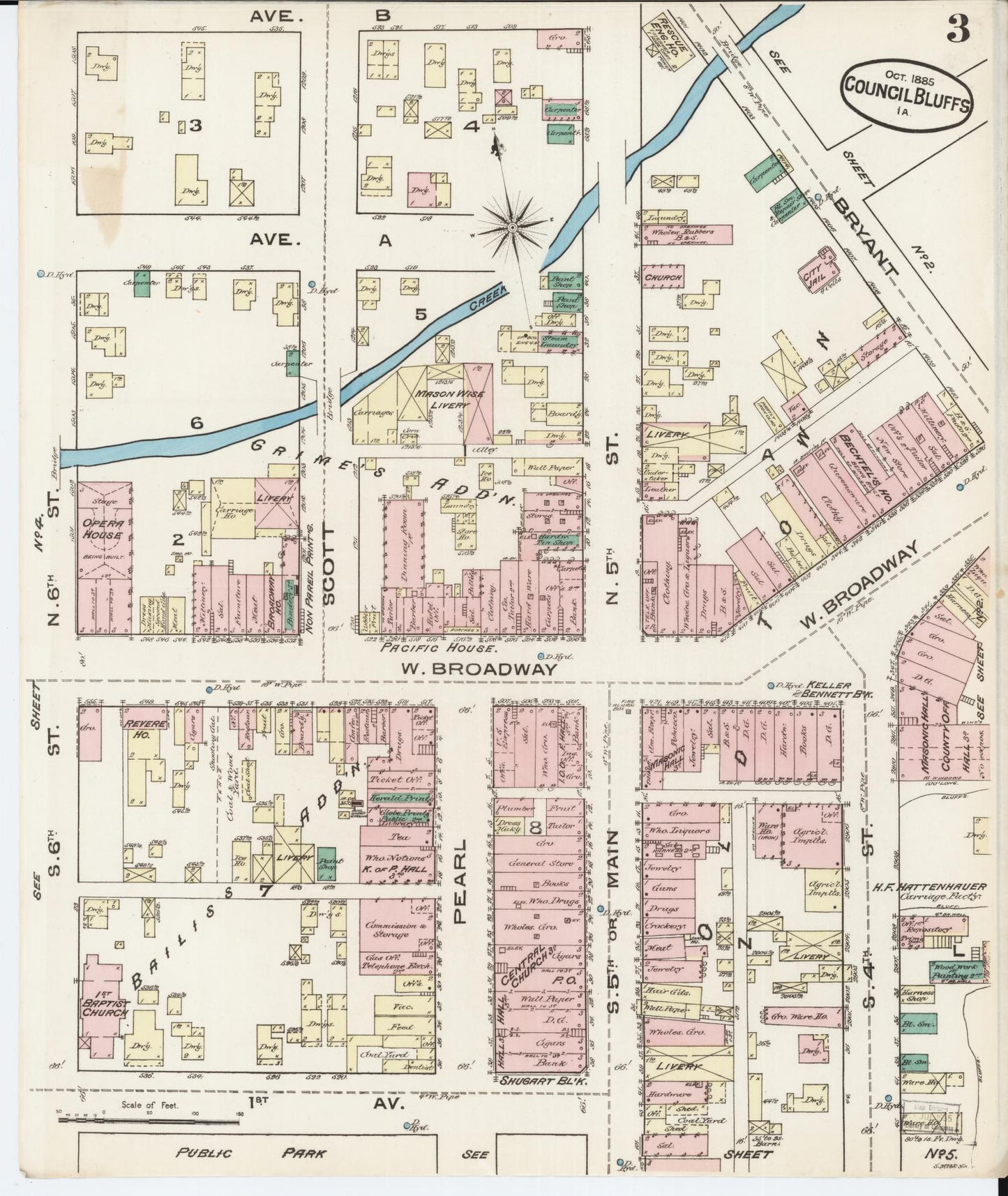 Sanborn Fire Insurance Map from Council Bluffs, Pottawattamie County, Iowa (1885), Sheet #0003 - Historic Sanborn Fire Insurance Map Print, vintage old map wall art