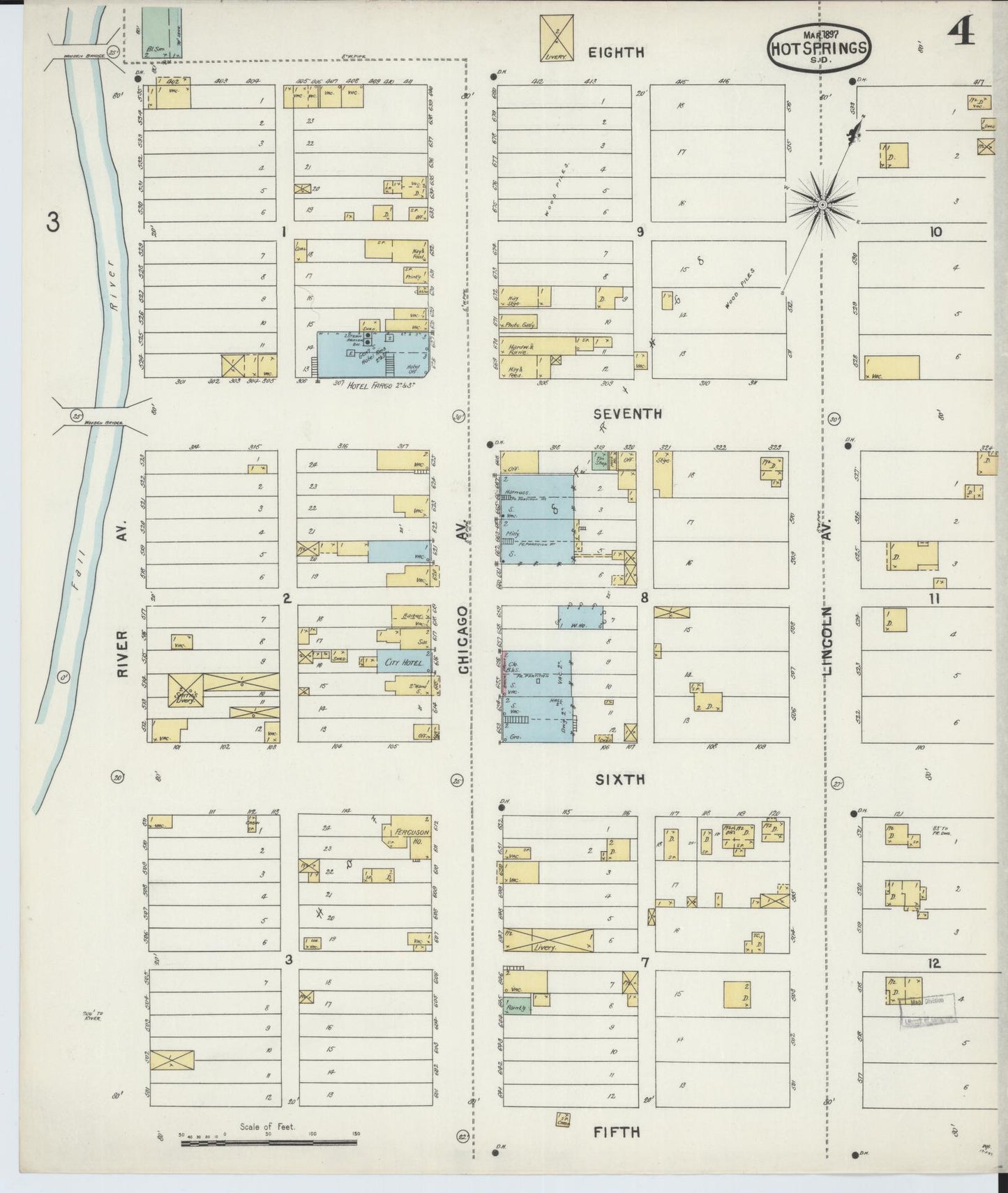 Sanborn Fire Insurance Map from Hot Springs, Fall River County, South Dakota (1897), Sheet #0004 - Complete Map Set gallery image, historic Sanborn map, vintage wall art, South Dakota South Dakota